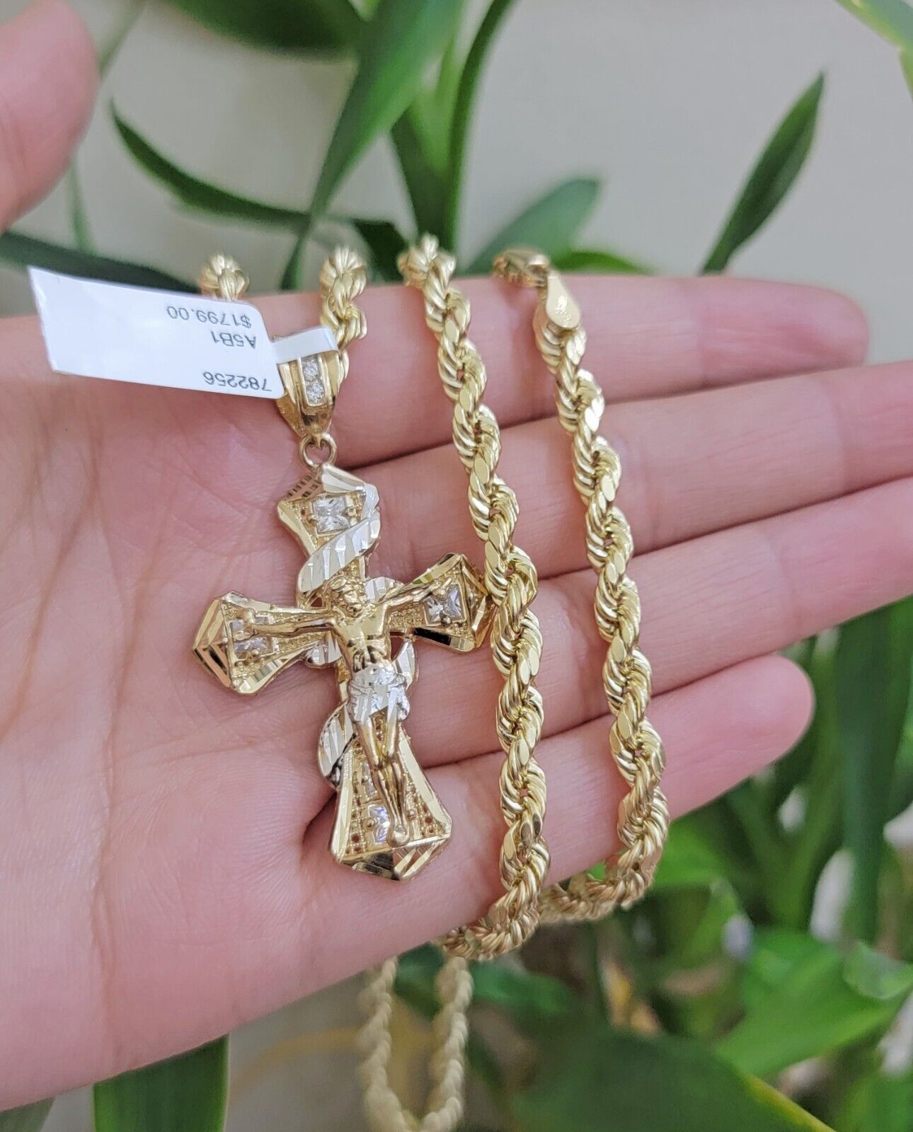 10k Gold Rope Chain Necklace Jesus Cross Charm Pendant Set 18 - 28" inch 5mm, REAL - GoldenlinQ