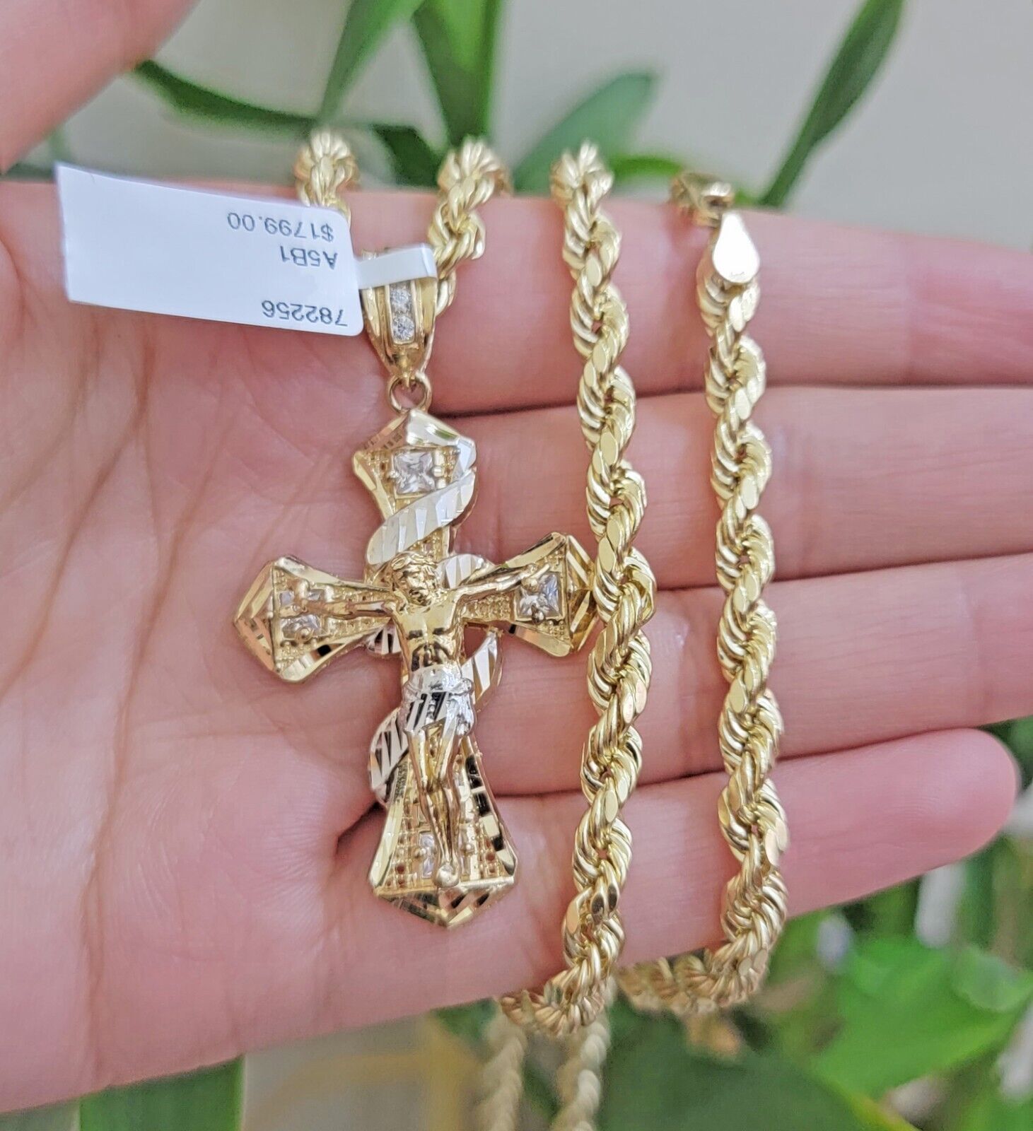 10k Gold Rope Chain Necklace Jesus Cross Charm Pendant Set 18 - 28" inch 5mm, REAL - GoldenlinQ
