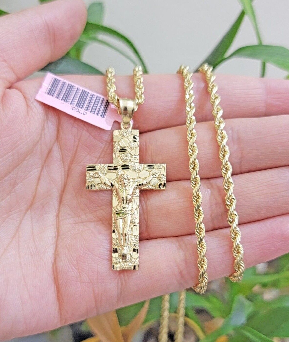 10k Gold Rope Chain Nugget Cross Charm Pendant Set 18 - 28 inch 3mm Necklace, REAL - GoldenlinQ