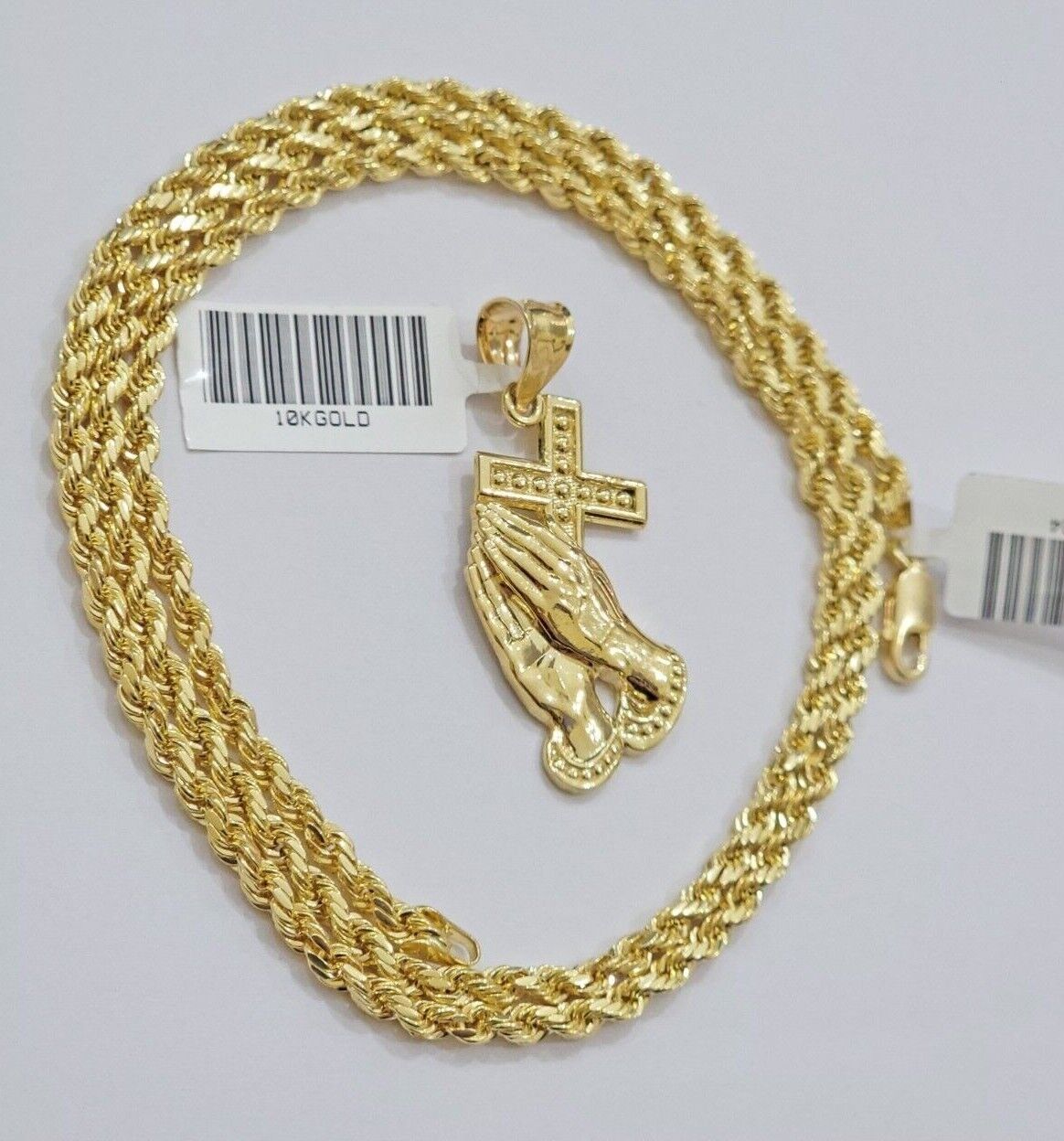 10k Gold Rope Chain Praying Hand Charm Pendant Set 18 - 28''Inch 3mm Necklace REAL - GoldenlinQ