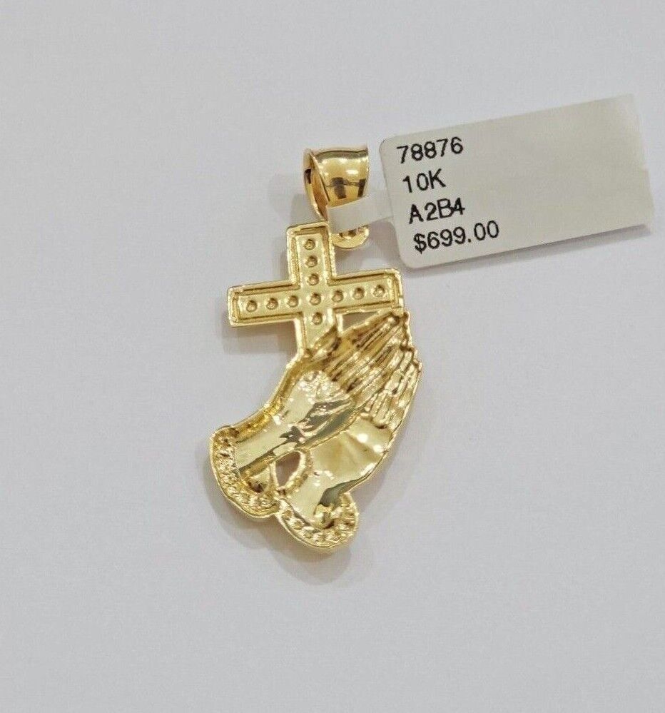 10k Gold Rope Chain Praying Hand Charm Pendant Set 18 - 28''Inch 3mm Necklace REAL - GoldenlinQ