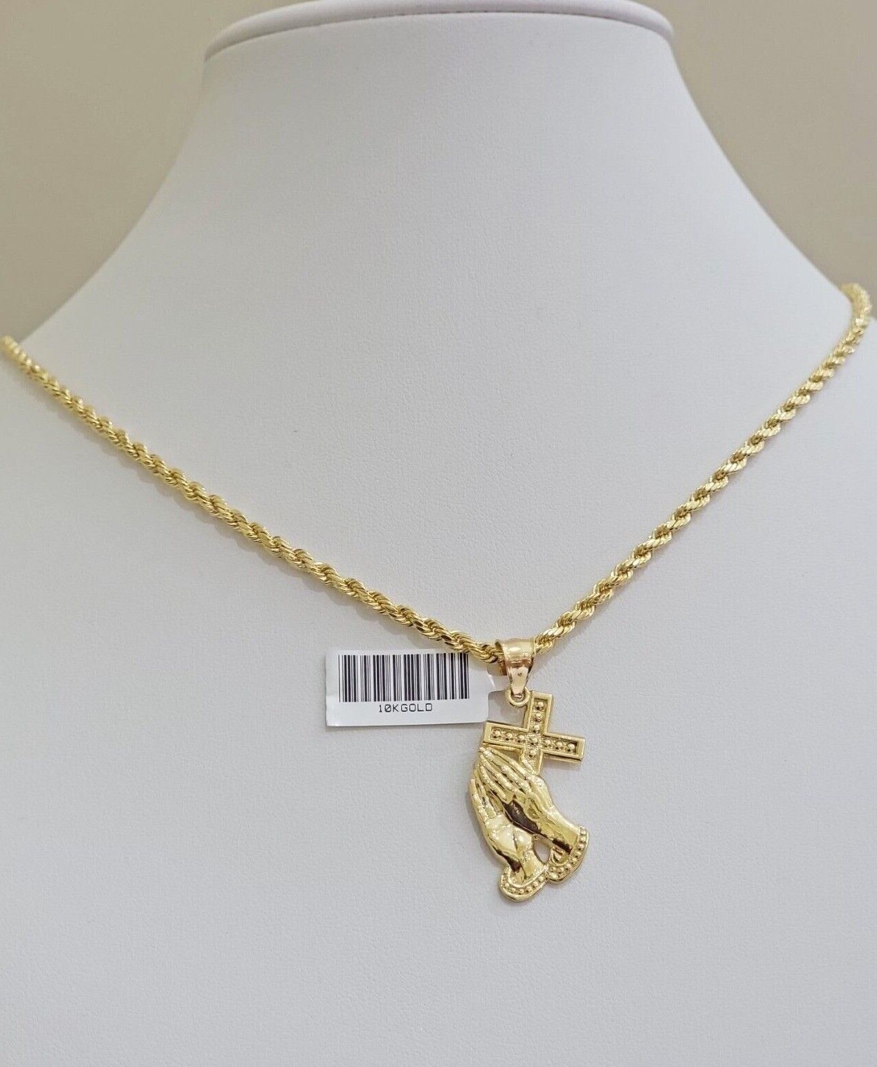 10k Gold Rope Chain Praying Hand Charm Pendant Set 22'' Inches 3mm Necklace REAL - GoldenlinQ