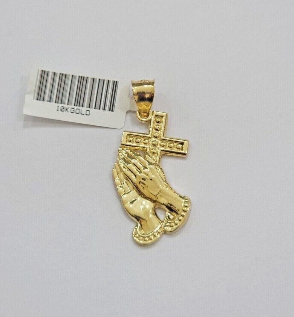 10k Gold Rope Chain Praying Hand Charm Pendant Set 22'' Inches 3mm Necklace REAL - GoldenlinQ