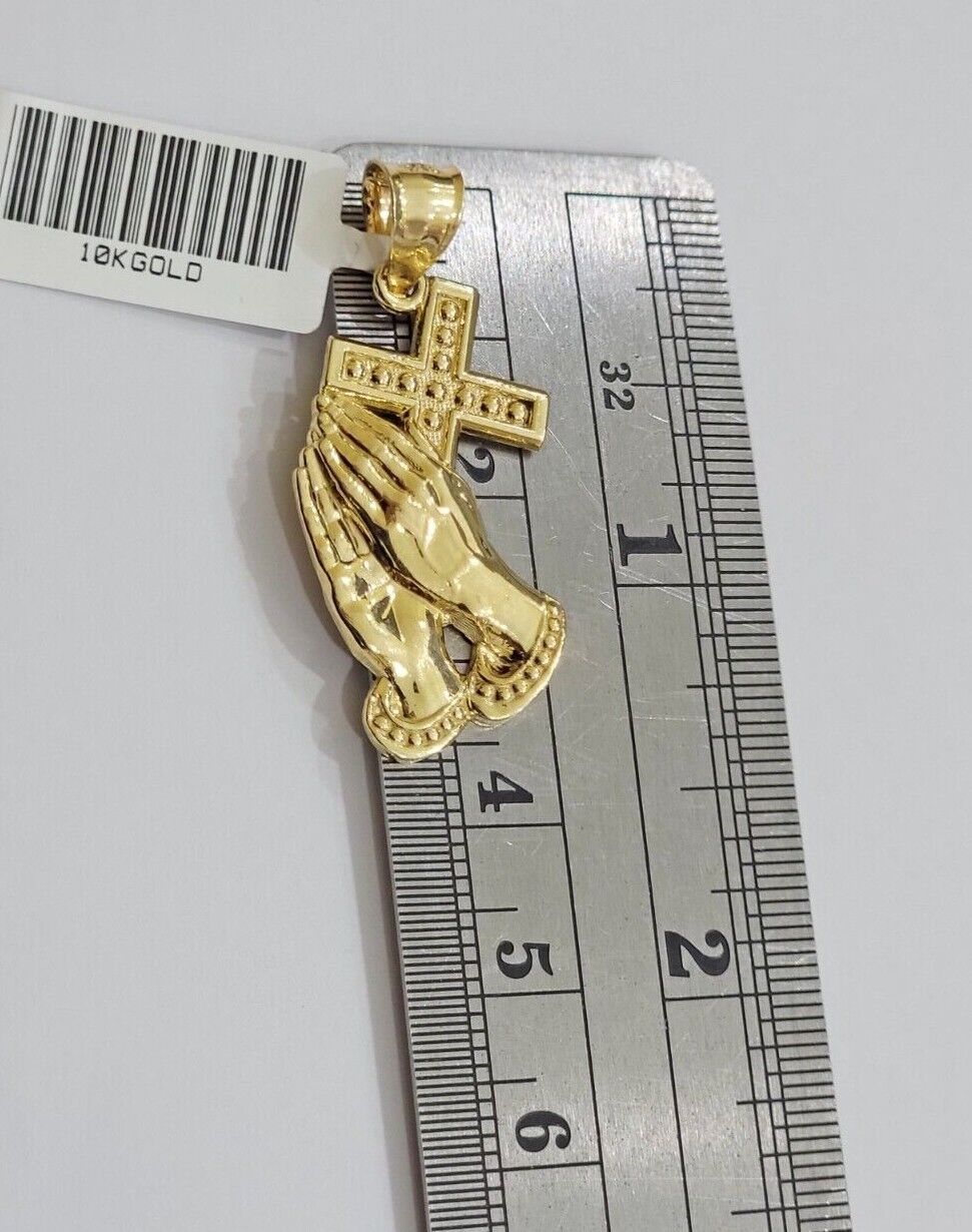 10k Gold Rope Chain Praying Hand Charm Pendant Set 22'' Inches 3mm Necklace REAL - GoldenlinQ