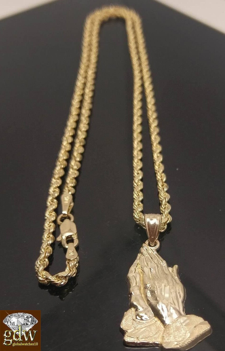 10k Gold Rope Necklace 20" 2mm Chain Praying Hand Charm Pendant Men Women - GoldenlinQ