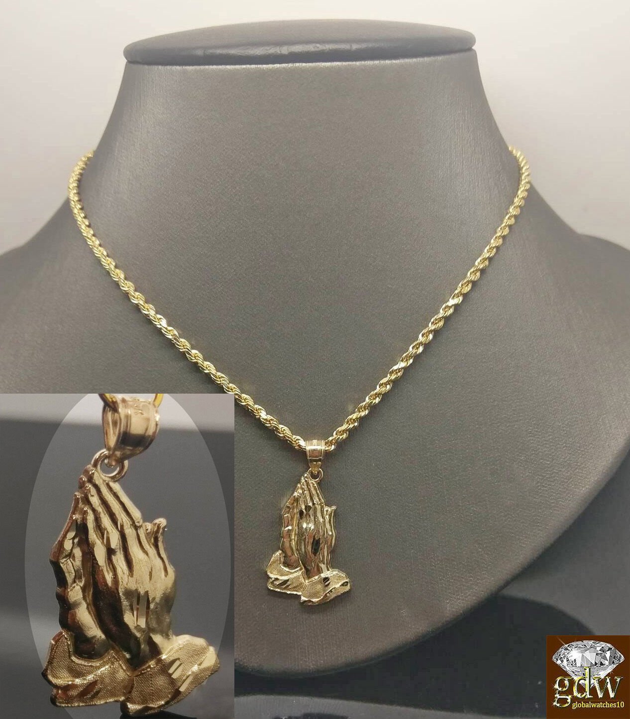 10k Gold Rope Necklace 20" 2mm Chain Praying Hand Charm Pendant Men Women - GoldenlinQ