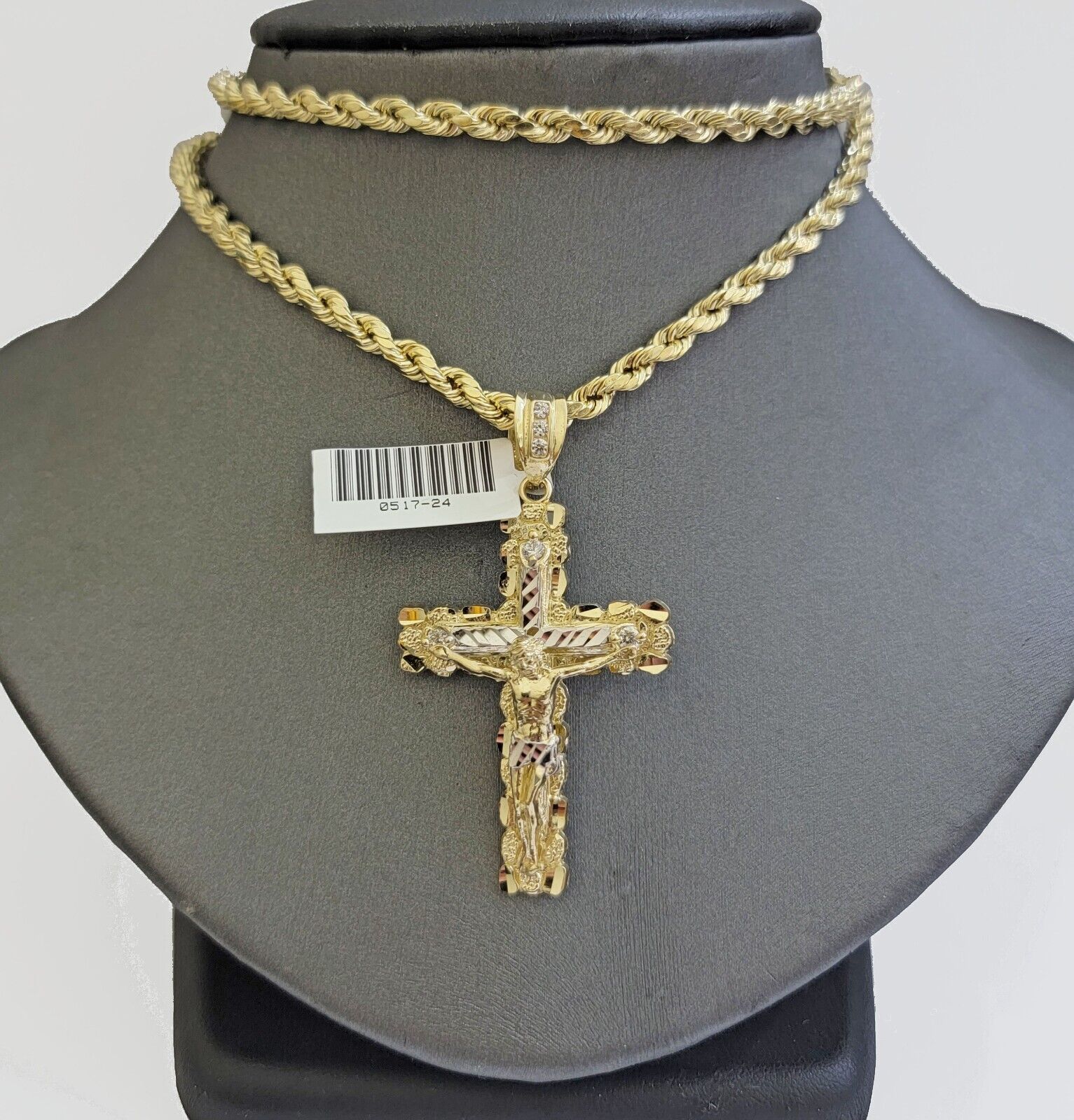 10k Gold Rope Necklace Jesus Cross Charm pendant SET 4mm chain 18" - 28" REAL 10KT - GoldenlinQ
