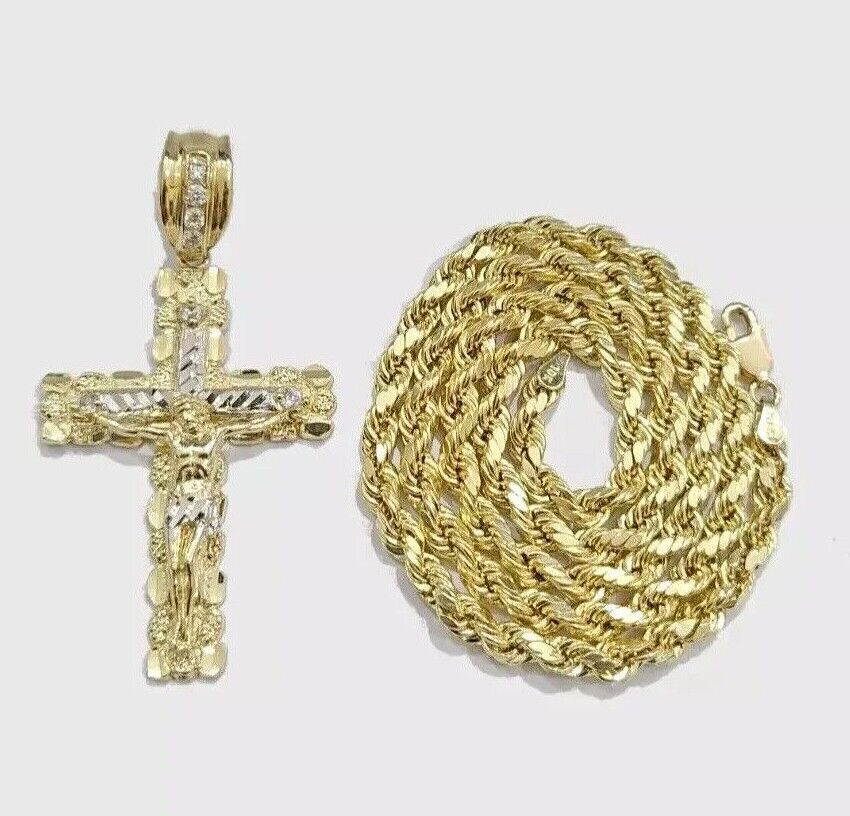 10k Gold Rope Necklace Jesus Cross Charm pendant SET 4mm chain 18" - 28" REAL 10KT - GoldenlinQ