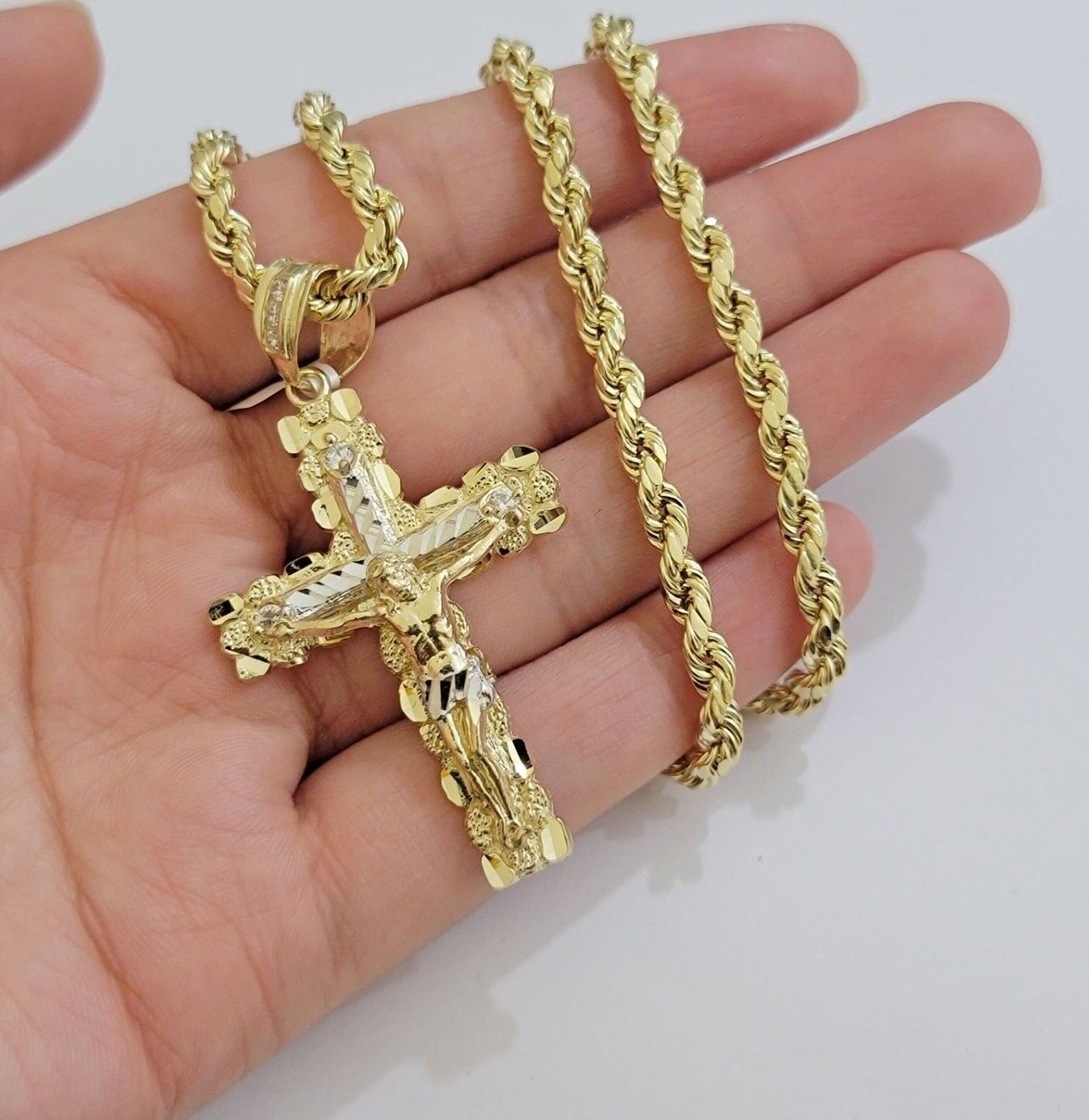 10k Gold Rope Necklace Jesus Cross Charm pendant SET 4mm chain 18" - 28" REAL 10KT - GoldenlinQ