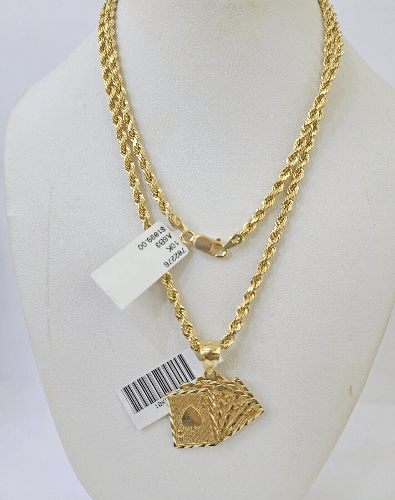 10k Gold Royal Flush Pendant Rope Chain 3mm 20'' Necklace Set Real Yellow - GoldenlinQ