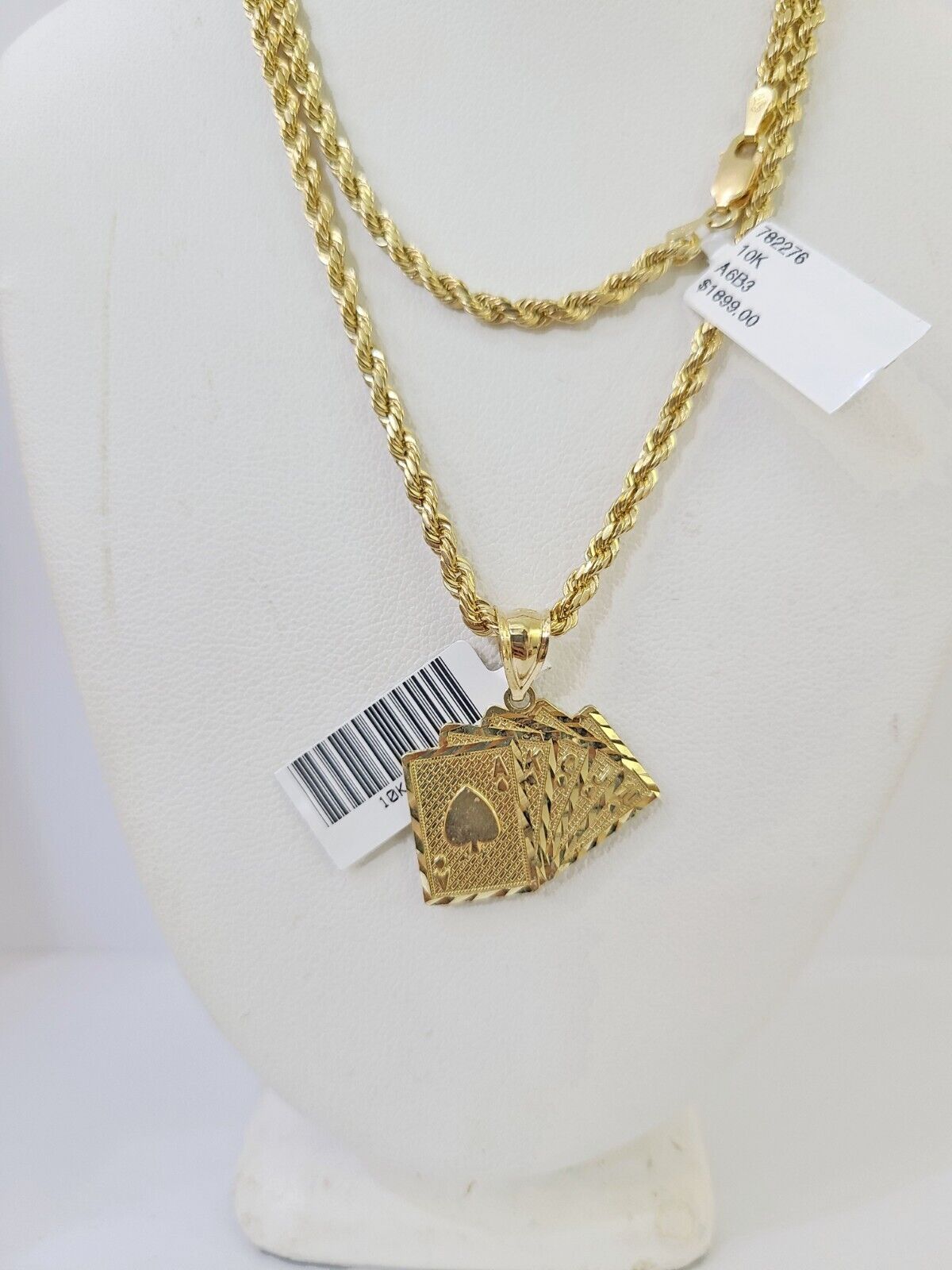 10k Gold Royal Flush Pendant Rope Chain 3mm 22'' Necklace Set Real Yellow - GoldenlinQ