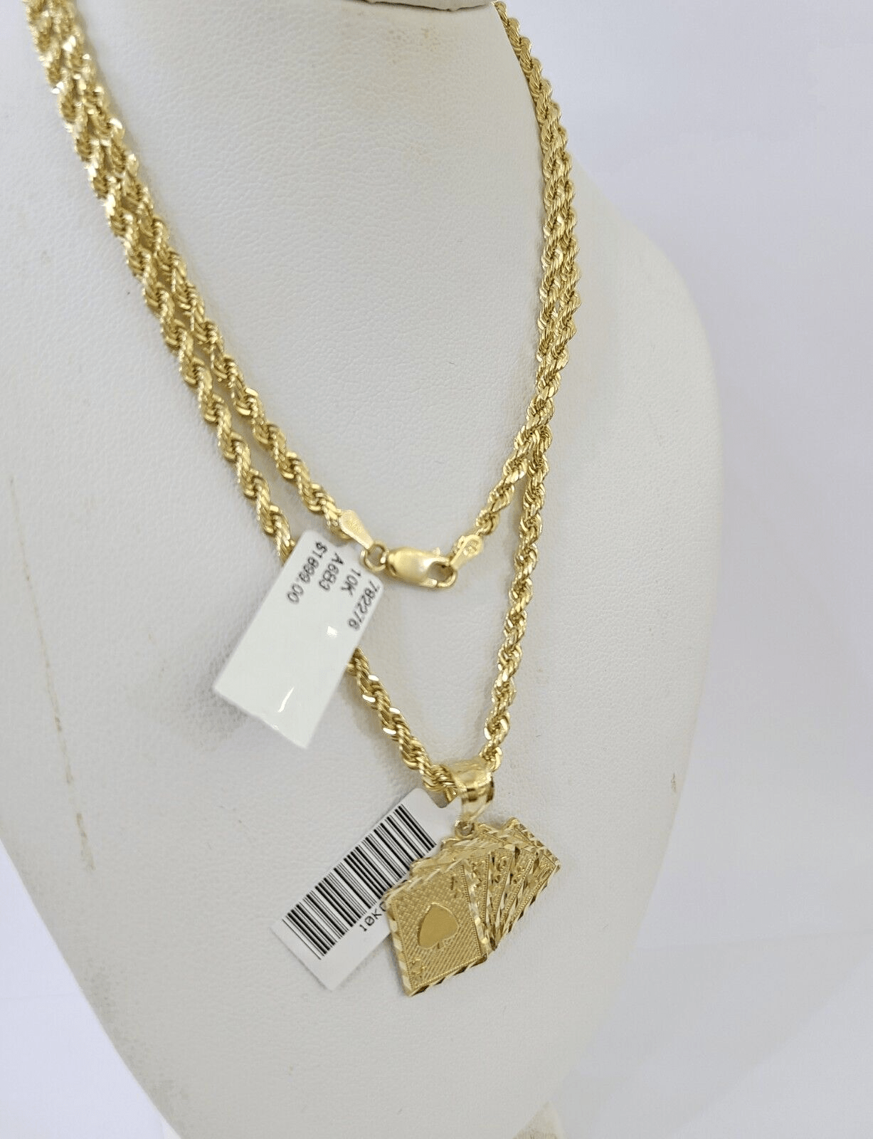 10k Gold Royal Flush Pendant Rope Chain 3mm 24'' Necklace Set Real Yellow - GoldenlinQ