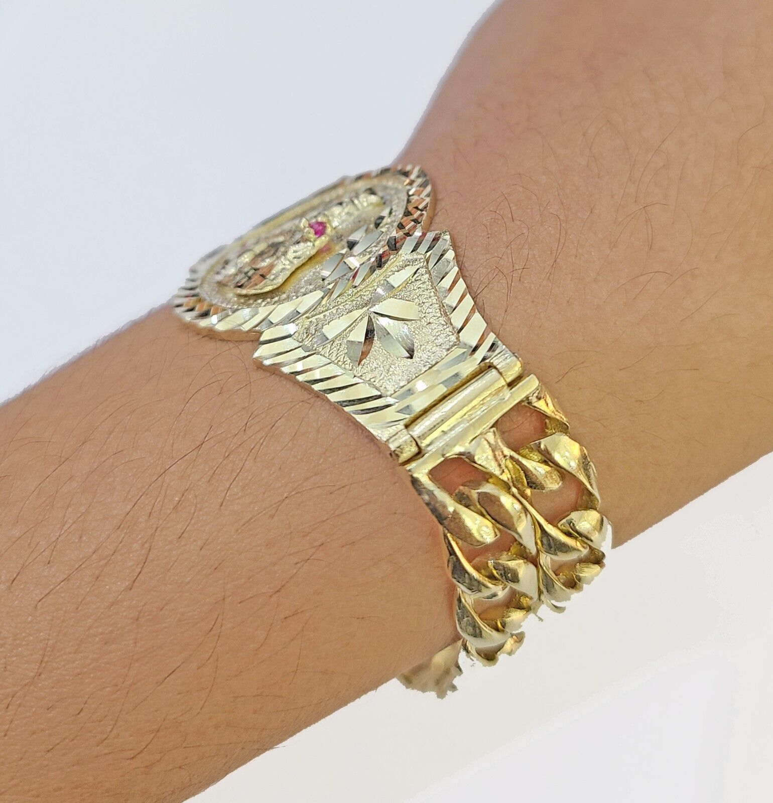 10k Gold Saint Barbara Miami Cuban Bracelet Size 8.25" Inches 15mm 10kt Mens - GoldenlinQ