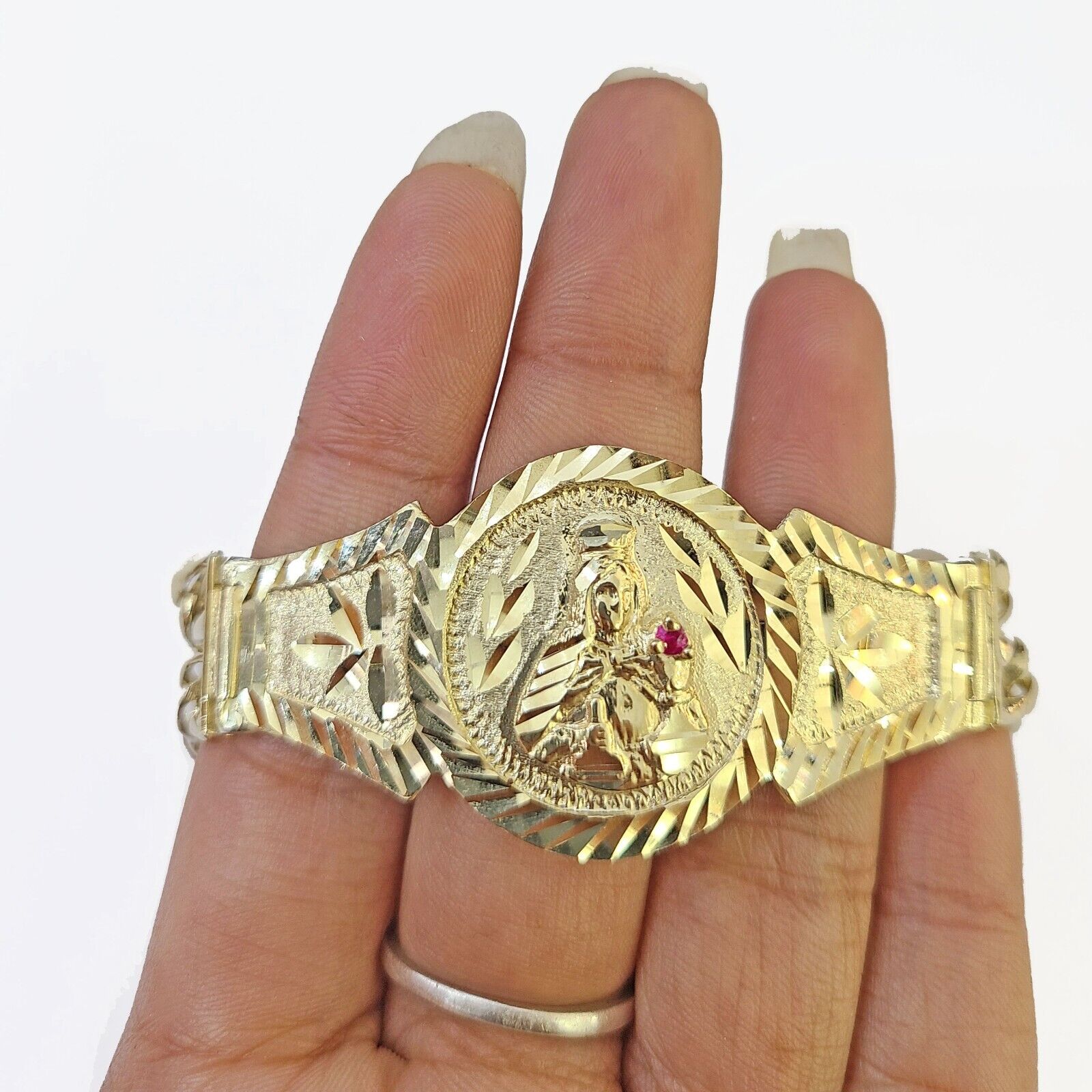 10k Gold Saint Barbara Miami Cuban Bracelet Size 8.25" Inches 15mm 10kt Mens - GoldenlinQ