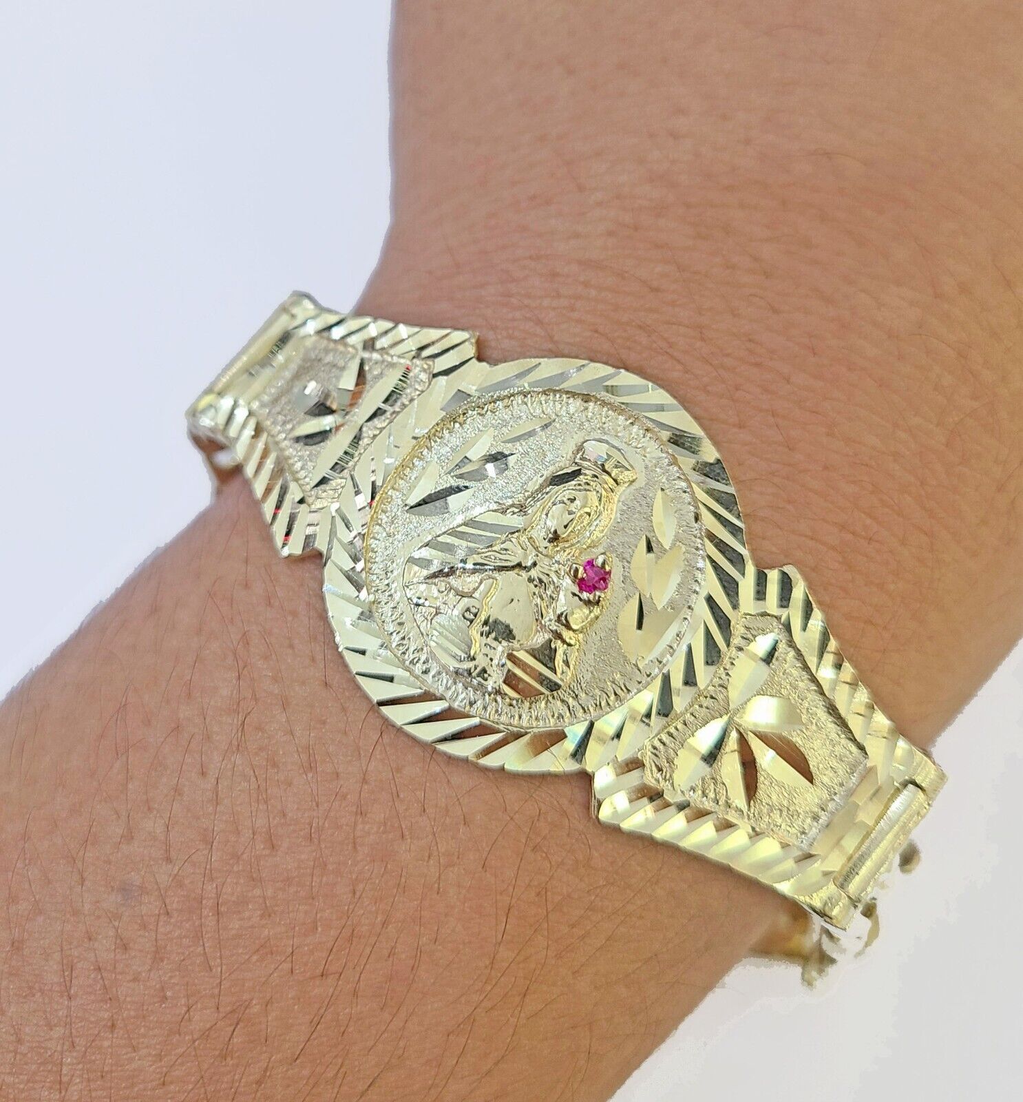 10k Gold Saint Barbara Miami Cuban Bracelet Size 8.25" Inches 15mm 10kt Mens - GoldenlinQ