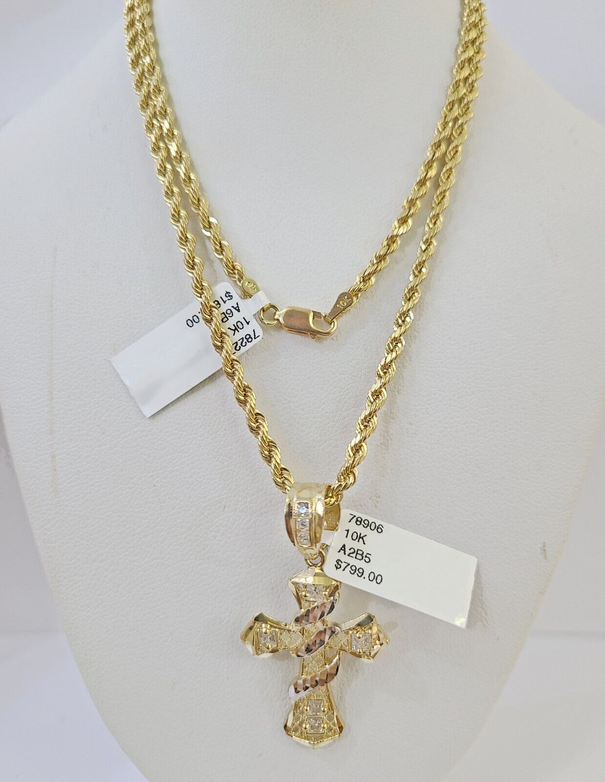 10k Gold Spiral Cross Charm Rope Chain 3mm 20'' Set Yellow Diamond Cut Real - GoldenlinQ