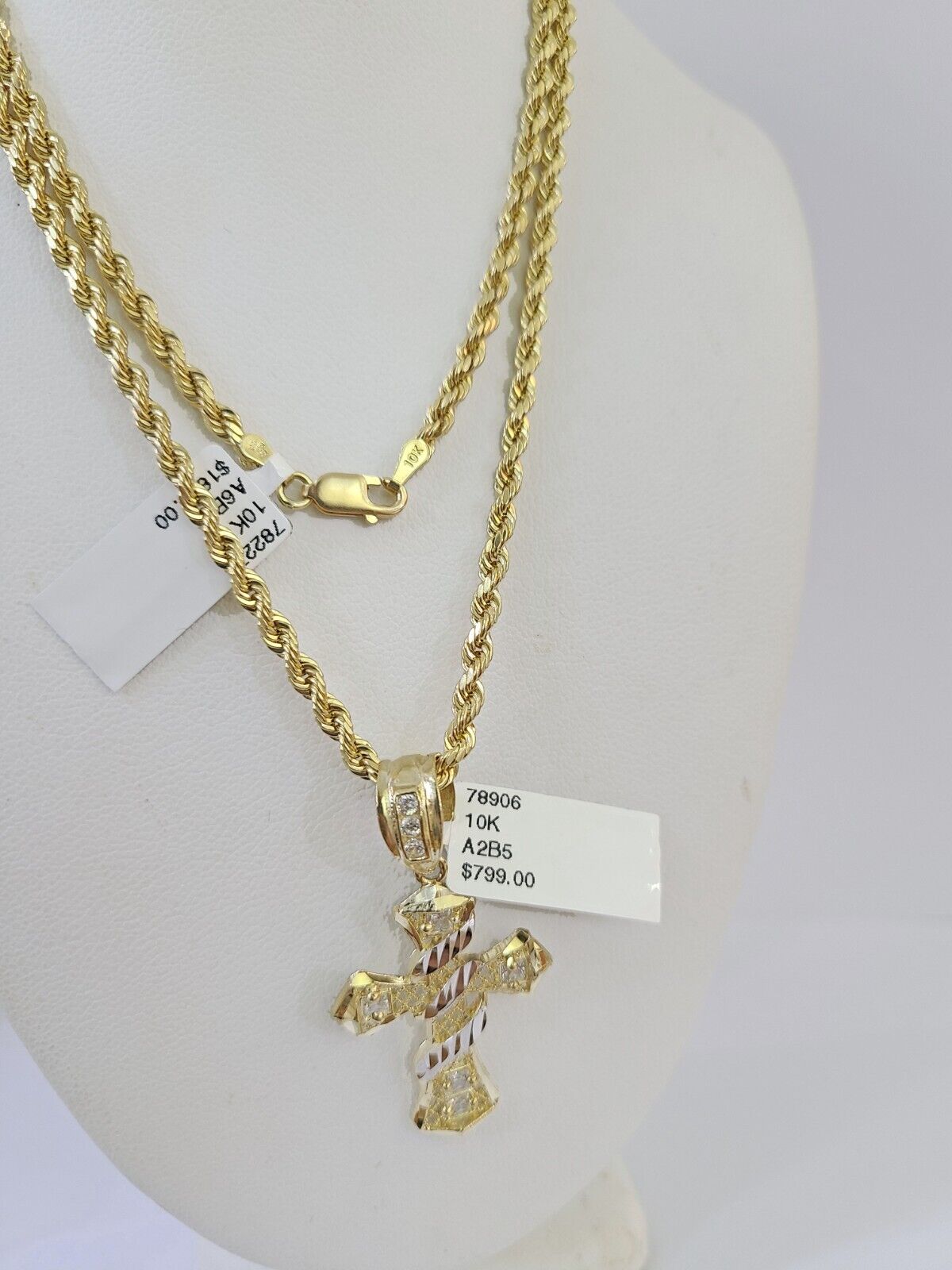 10k Gold Spiral Cross Charm Rope Chain 3mm 22'' Set Yellow Diamond Cut Real - GoldenlinQ