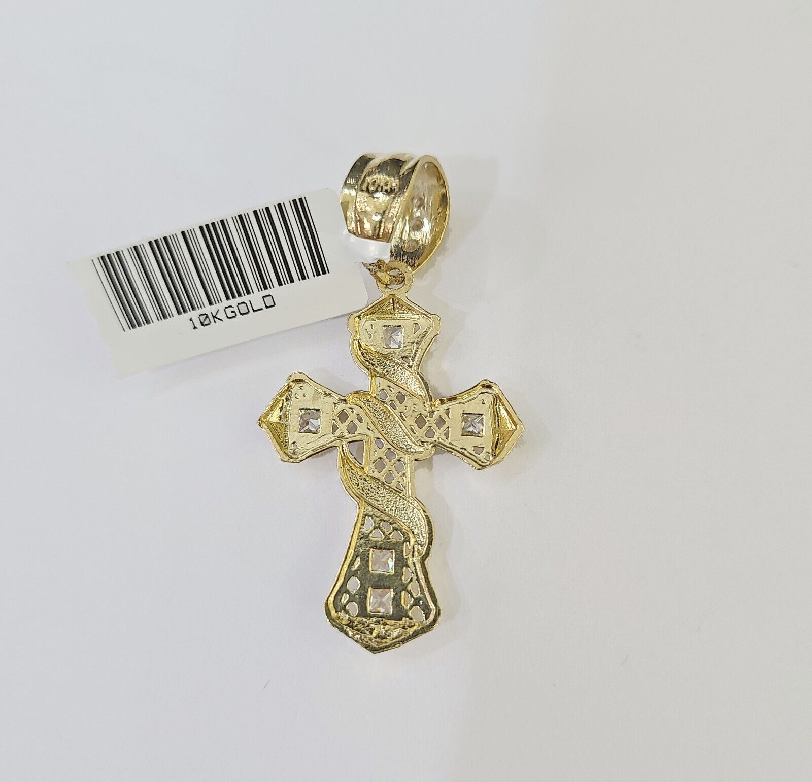 10k Gold Spiral Cross Charm Rope Chain 3mm 26'' Set Yellow Diamond Cut Real - GoldenlinQ