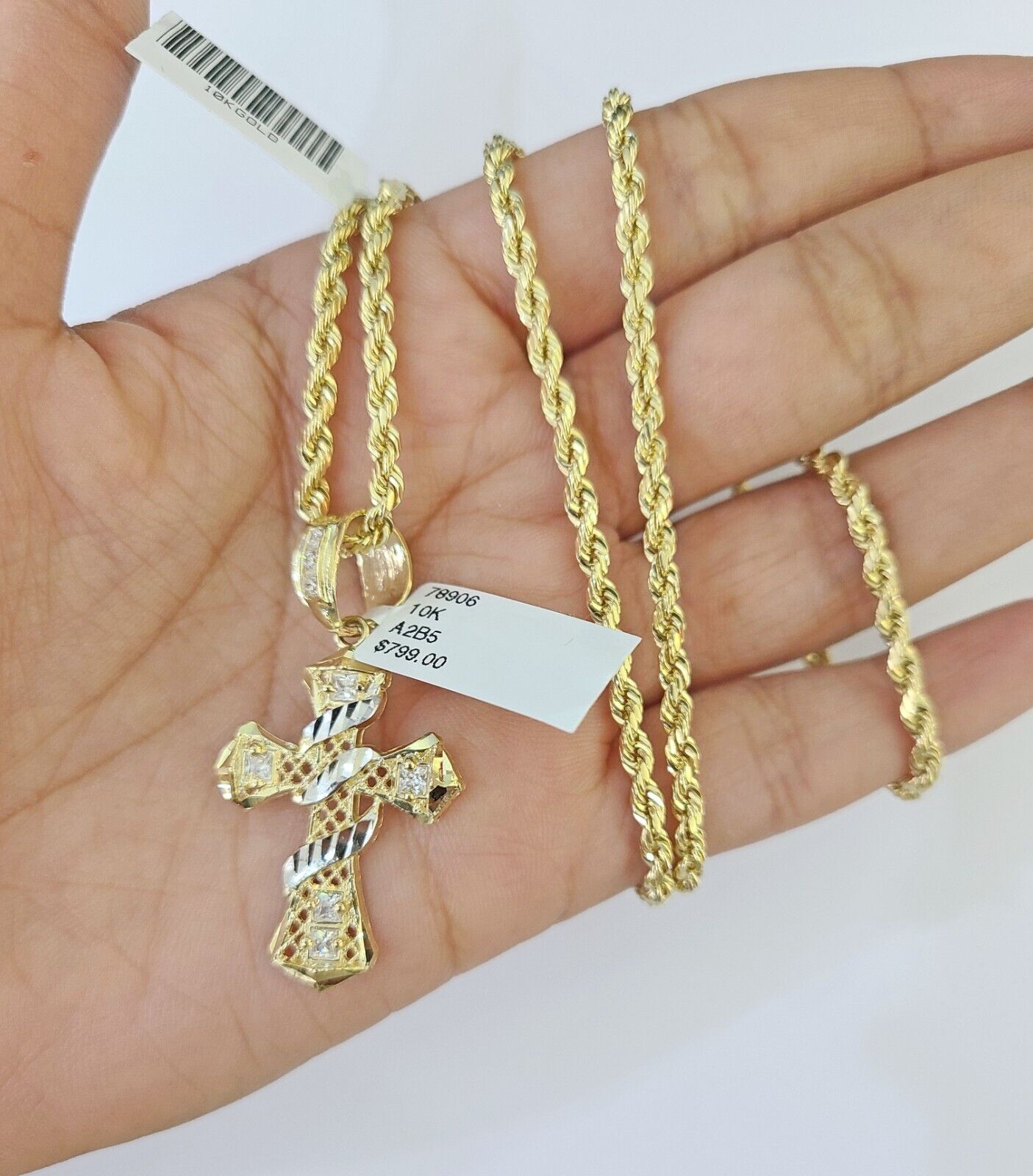 10k Gold Spiral Cross Charm Rope Chain 3mm 26'' Set Yellow Diamond Cut Real - GoldenlinQ