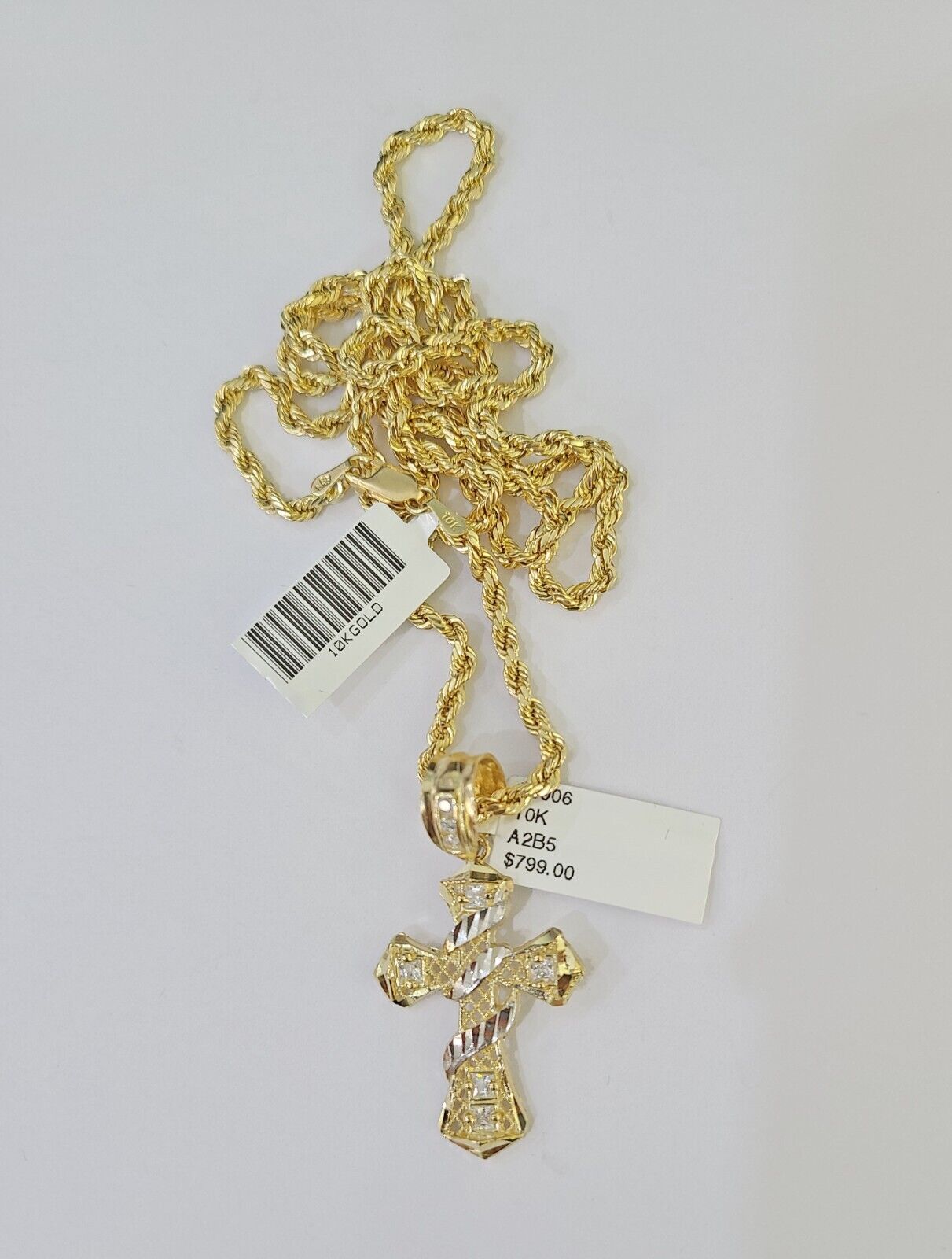 10k Gold Spiral Cross Charm Rope Chain 3mm 26'' Set Yellow Diamond Cut Real - GoldenlinQ