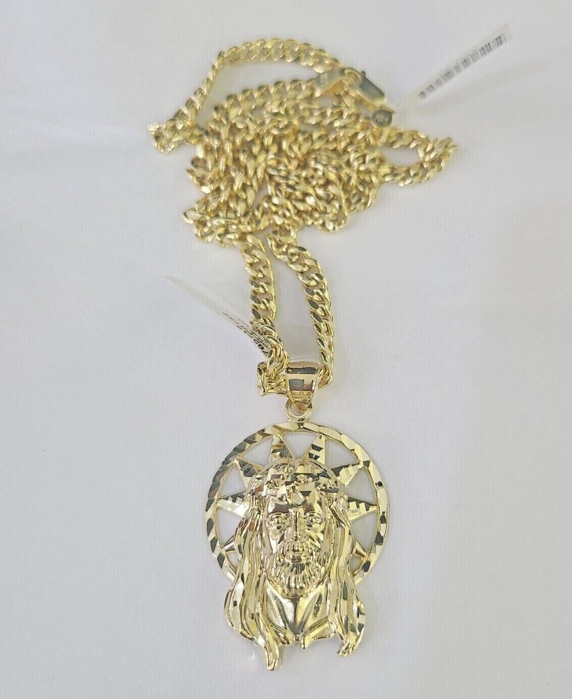 10k Jesus Head Charm Miami Cuban Chain Pendant Set 5mm Necklace Yellow Gold - GoldenlinQ