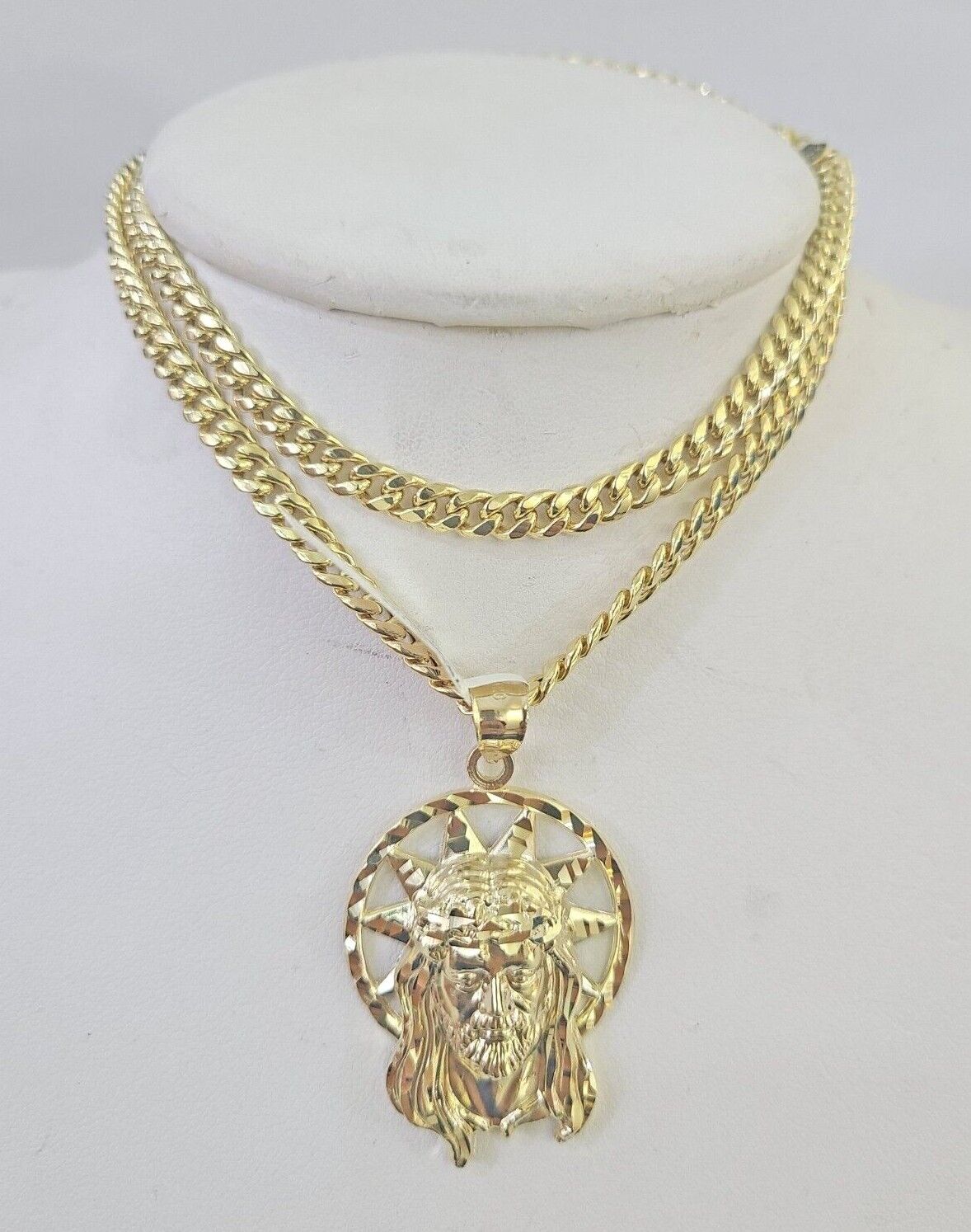 10k Jesus Head Charm Miami Cuban Chain Pendant Set 5mm Necklace Yellow Gold - GoldenlinQ