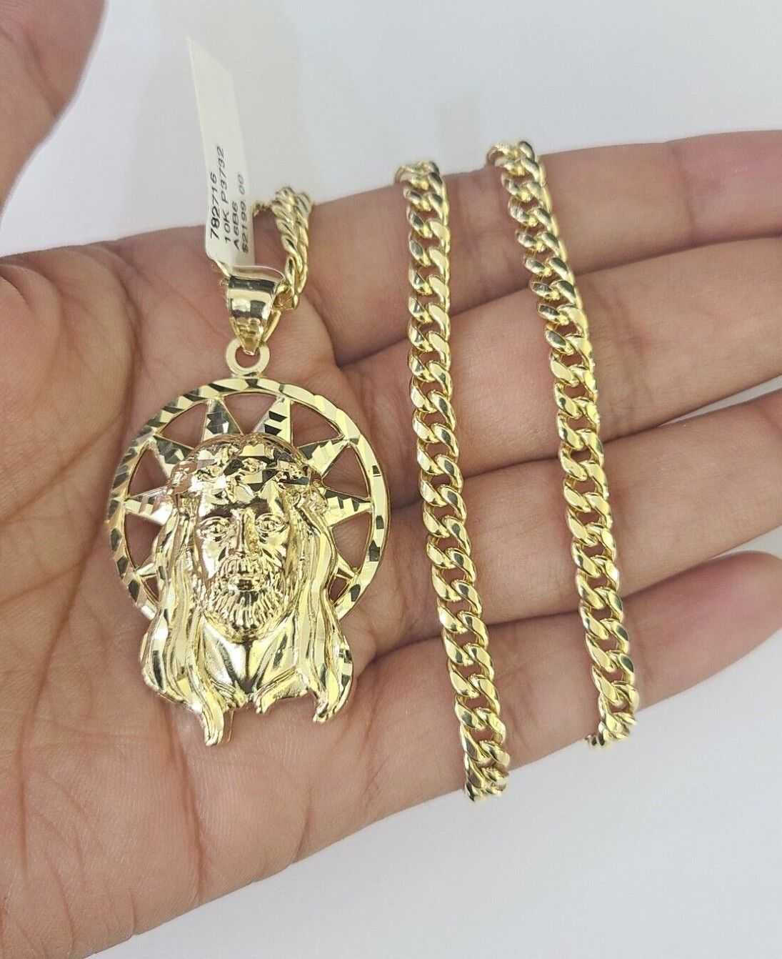 10k Jesus Head Charm Miami Cuban Chain Pendant Set 5mm Necklace Yellow Gold - GoldenlinQ