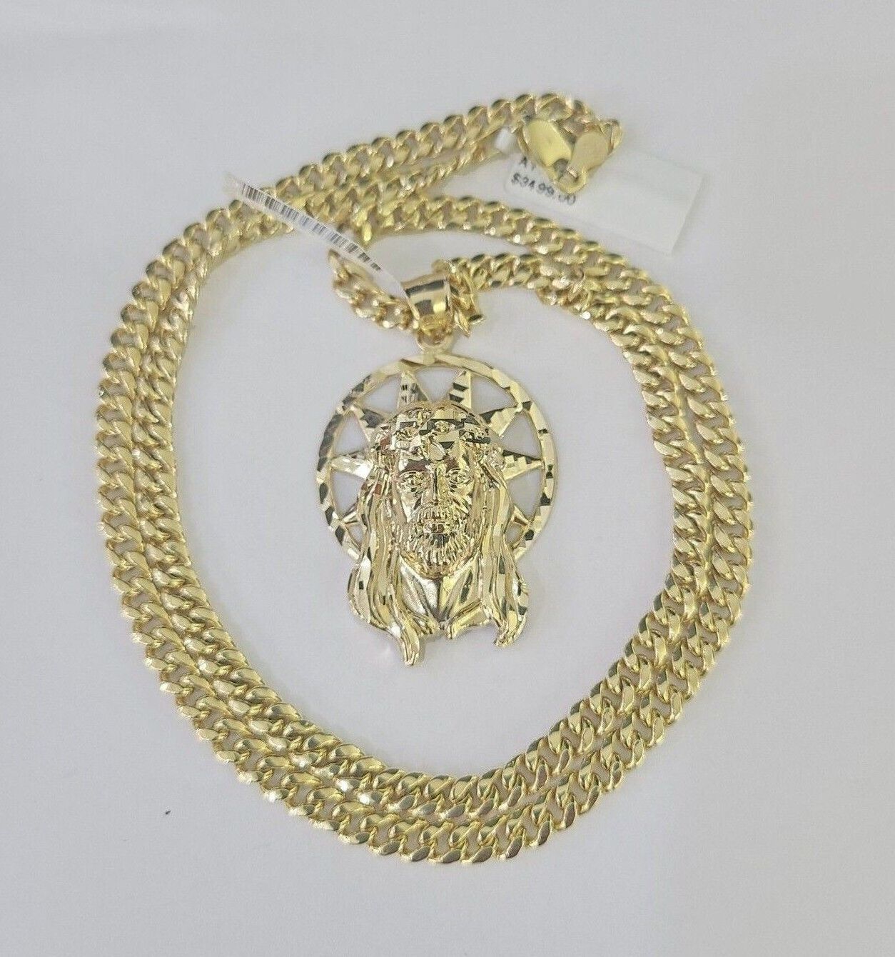 10k Jesus Head Charm Miami Cuban Chain Pendant Set 5mm Necklace Yellow Gold - GoldenlinQ