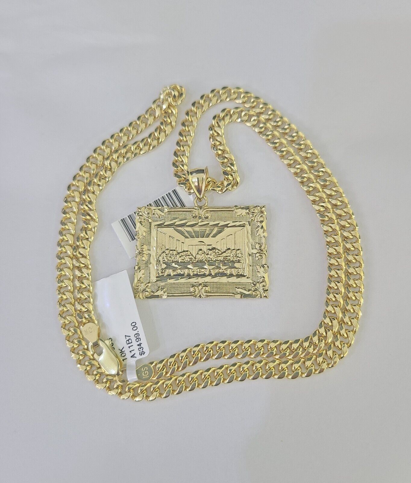 10k Last Supper Charm Miami Cuban Chain Pendant Set 5mm Necklace Yellow Gold - GoldenlinQ