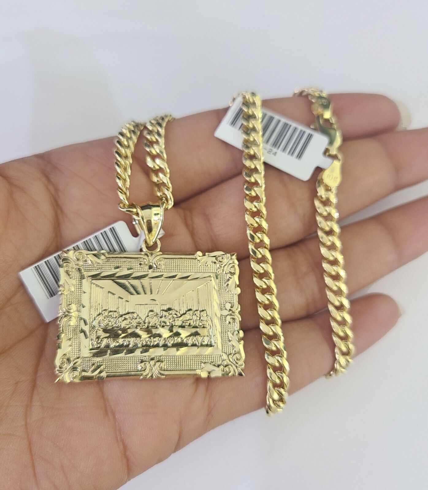 10k Last Supper Charm Miami Cuban Chain Pendant Set 5mm Necklace Yellow Gold - GoldenlinQ
