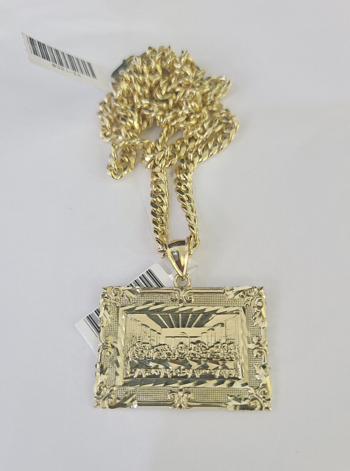 10k Last Supper Charm Miami Cuban Chain Pendant Set 5mm Necklace Yellow Gold - GoldenlinQ