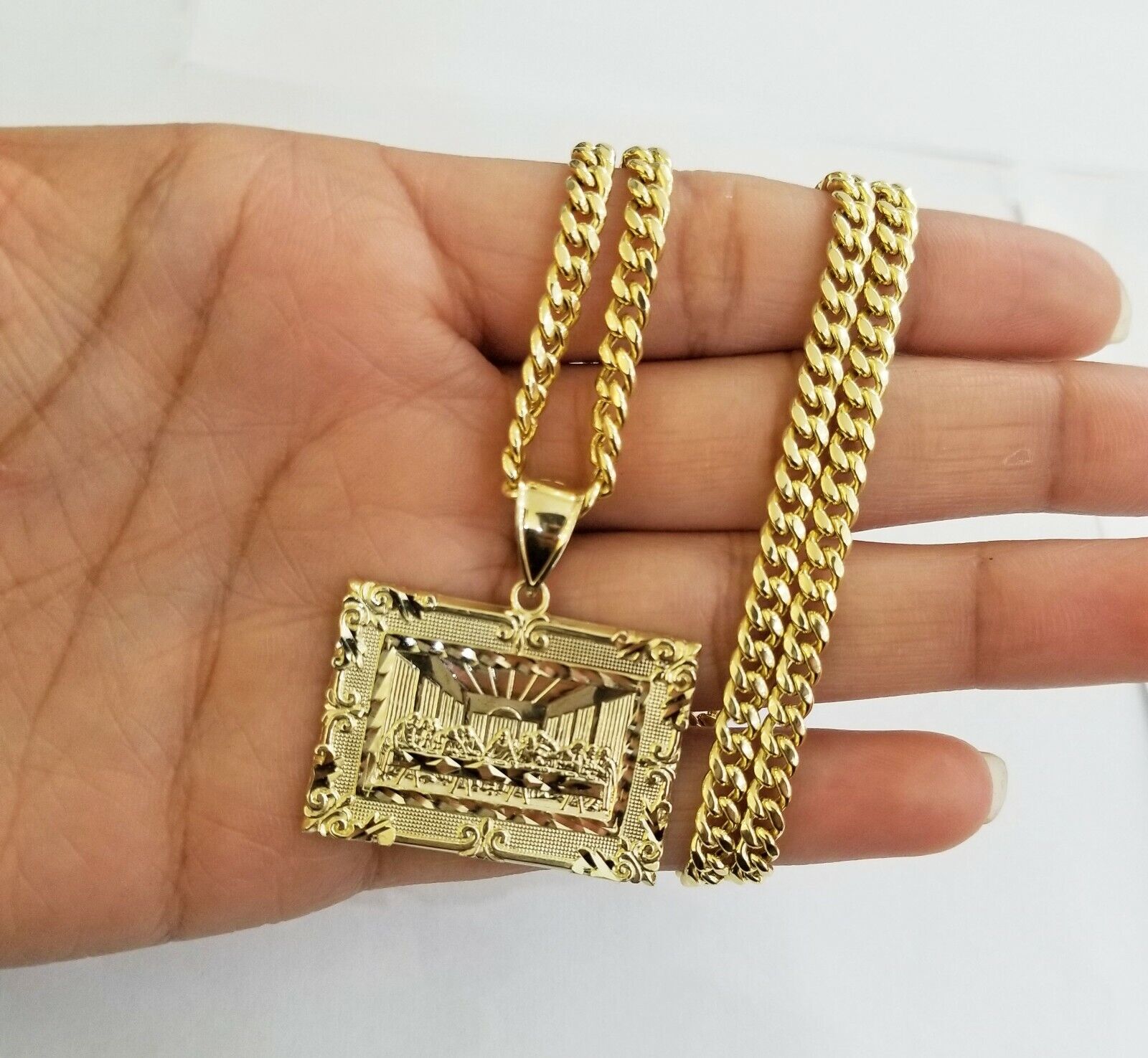 10k last supper charm with Real gold Miami Cuban chain 24inch 5mm 10kt gold set - GoldenlinQ