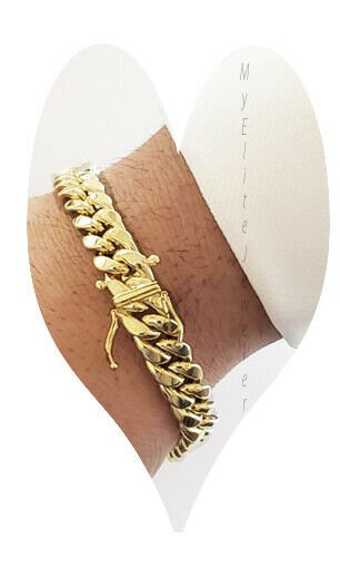 10K Men's Yellow Gold Miami Cuban Bracelet 8.5 Inches 9mm long Box Lock - GoldenLinQ