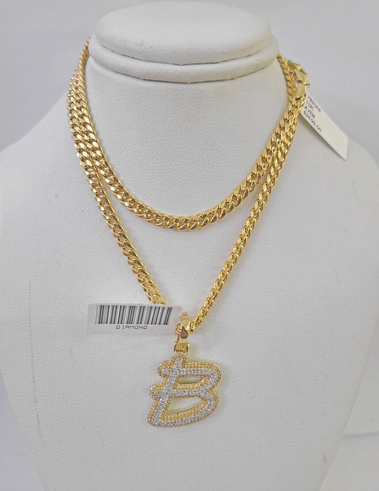 10k Miami Cuban Chain B Diamond Charm Set 4mm 18 - 26"Yellow Gold Necklace Pendant - GoldenlinQ