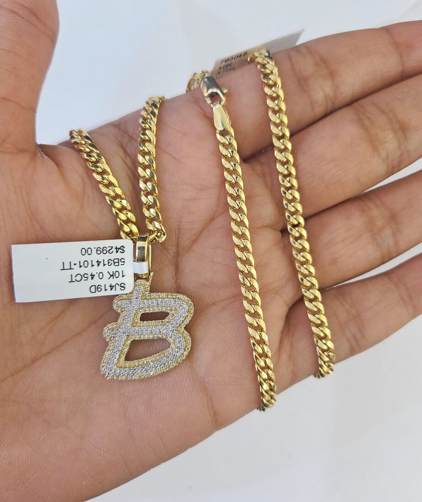 10k Miami Cuban Chain B Diamond Charm Set 4mm 18 - 26"Yellow Gold Necklace Pendant - GoldenlinQ