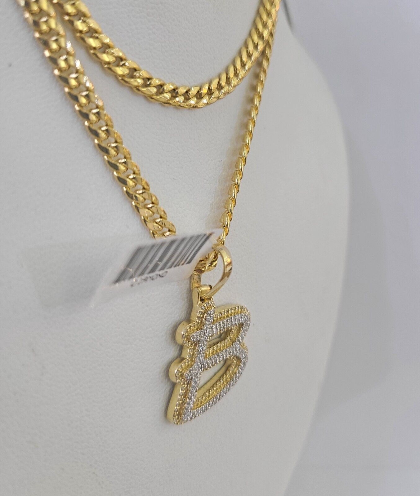 10k Miami Cuban Chain B Diamond Charm Set 4mm 18 - 26"Yellow Gold Necklace Pendant - GoldenlinQ