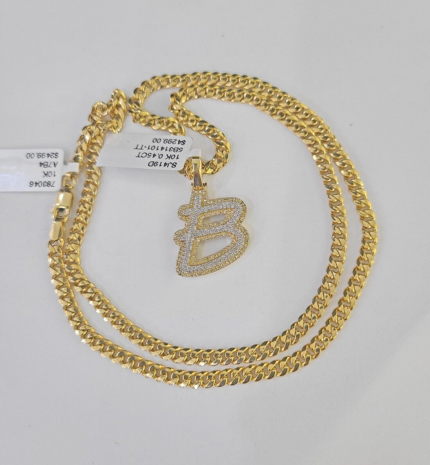 10k Miami Cuban Chain B Diamond Charm Set 4mm 18 - 26"Yellow Gold Necklace Pendant - GoldenlinQ