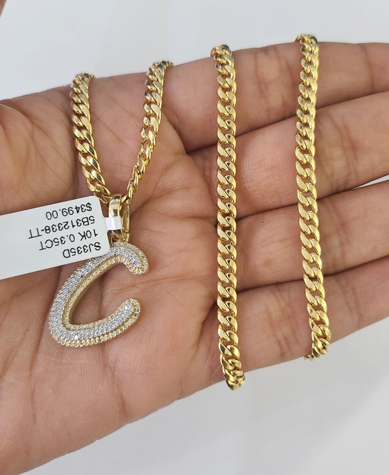 10k Miami Cuban Chain C Diamond Charm Set 4mm 18 - 26"Yellow Gold Necklace Pendant - GoldenlinQ