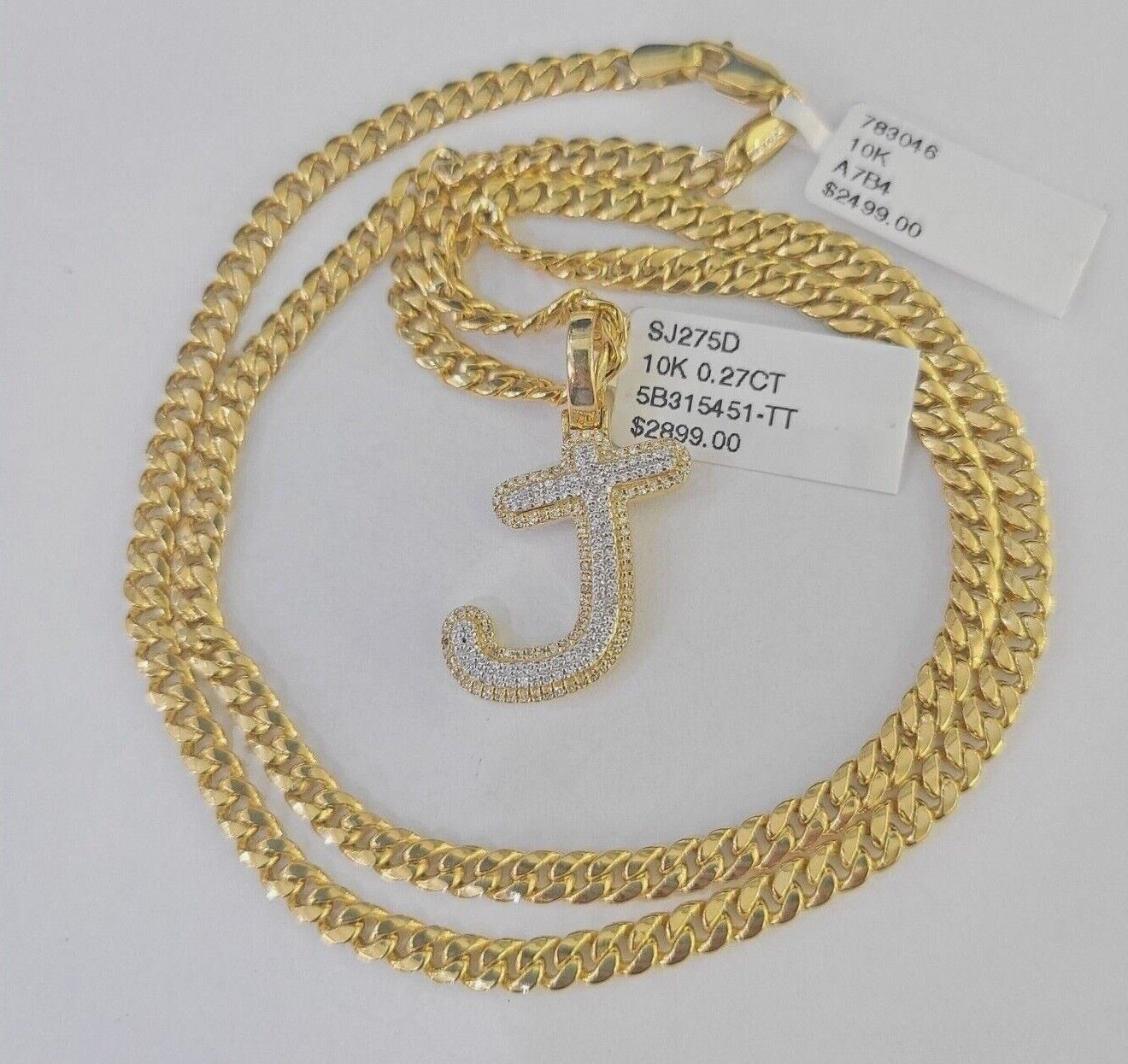 10k Miami Cuban Chain J Diamond Charm Set 4mm 18 - 26"Yellow Gold Necklace Pendant - GoldenlinQ