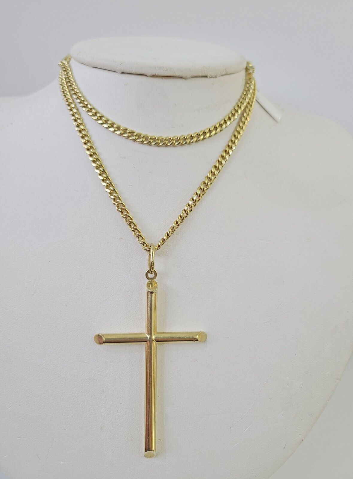 10k Miami Cuban Chain Jesus Cross Charm Set 4mm 18" - 28" Necklace Yellow Gold - GoldenlinQ