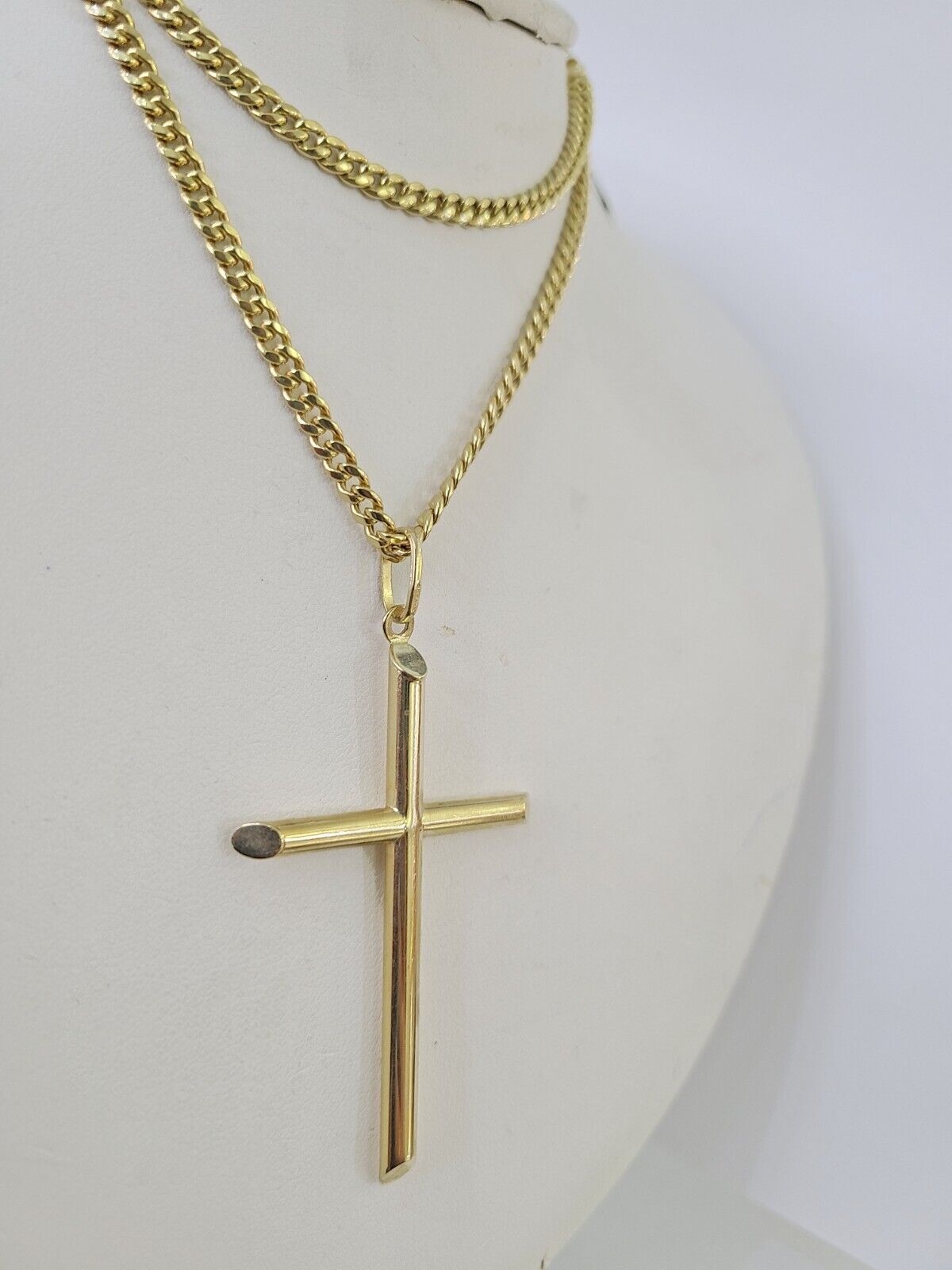 10k Miami Cuban Chain Jesus Cross Charm Set 4mm 18" - 28" Necklace Yellow Gold - GoldenlinQ