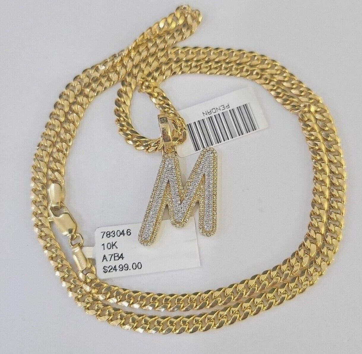 10k Miami Cuban Chain M Diamond Charm Set 4mm 18 - 26"Yellow Gold Necklace Pendant - GoldenlinQ