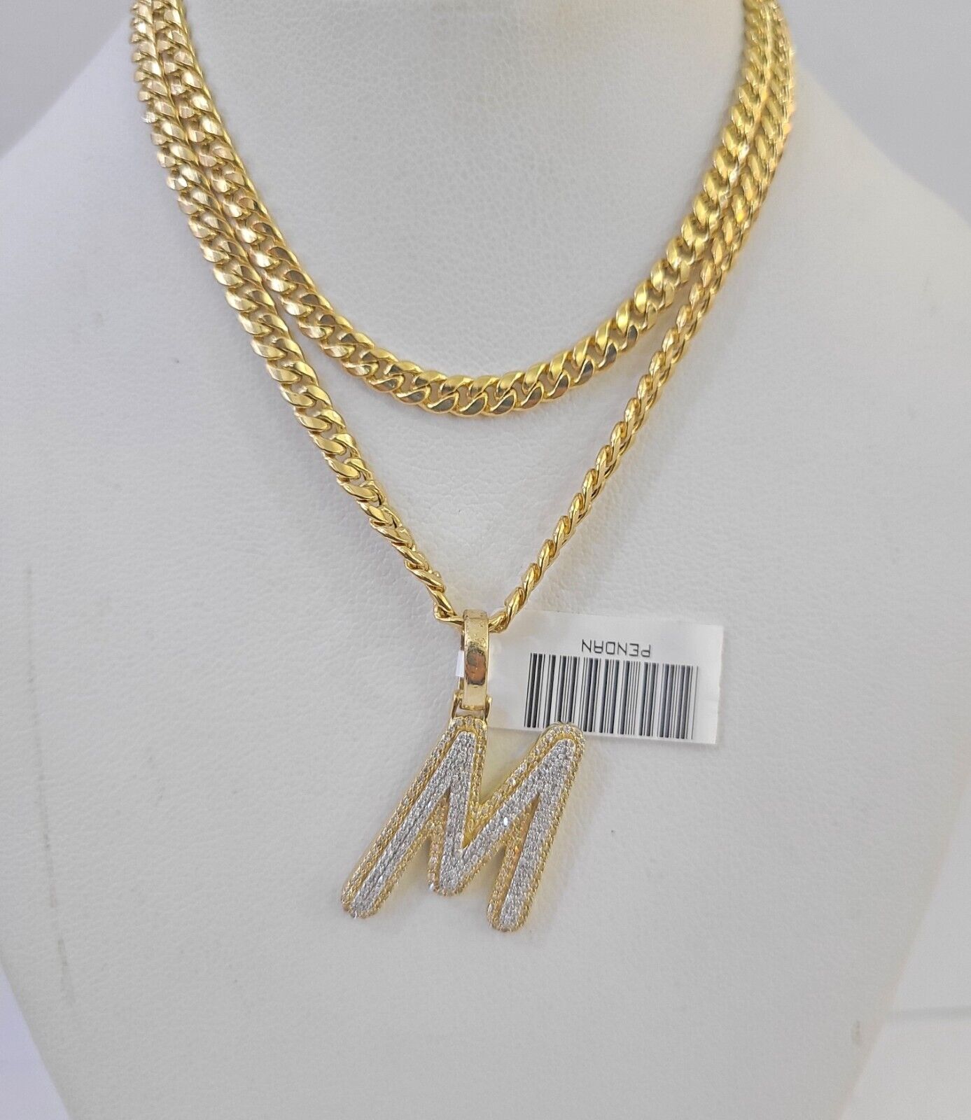 10k Miami Cuban Chain M Diamond Charm Set 4mm 18 - 26"Yellow Gold Necklace Pendant - GoldenlinQ