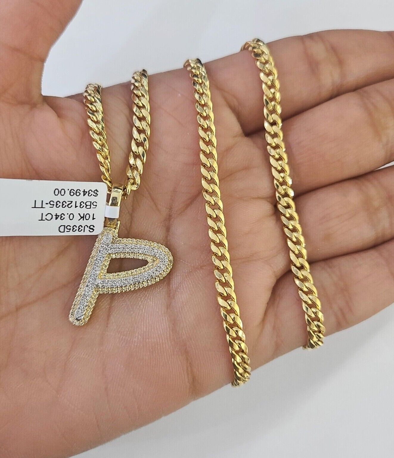 10k Miami Cuban Chain P Diamond Charm Set 4mm 18 - 26"Yellow Gold Necklace Pendant - GoldenlinQ