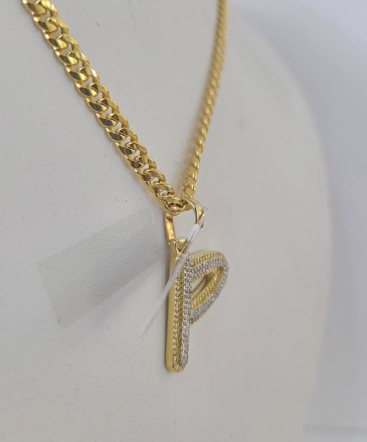 10k Miami Cuban Chain P Diamond Charm Set 4mm 18 - 26"Yellow Gold Necklace Pendant - GoldenlinQ