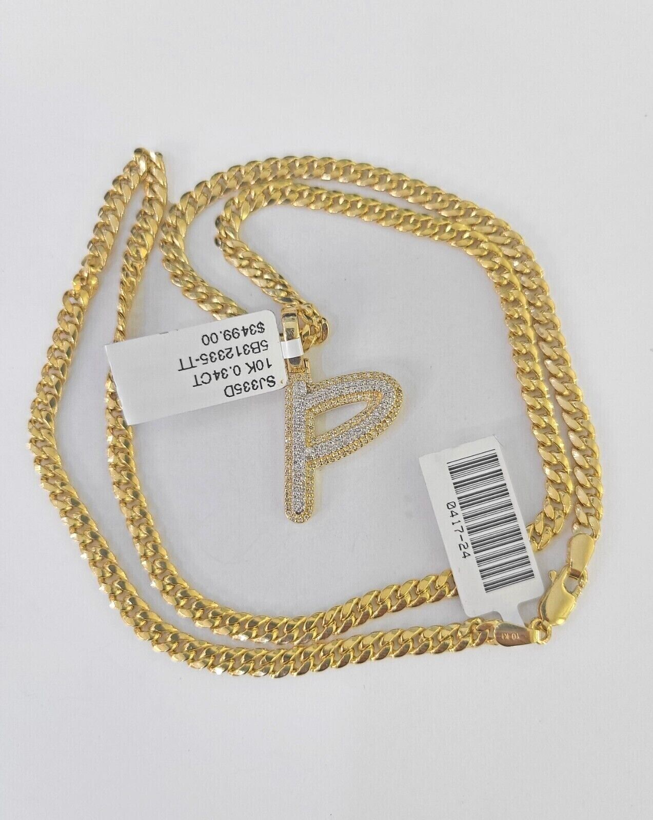 10k Miami Cuban Chain P Diamond Charm Set 4mm 18 - 26"Yellow Gold Necklace Pendant - GoldenlinQ