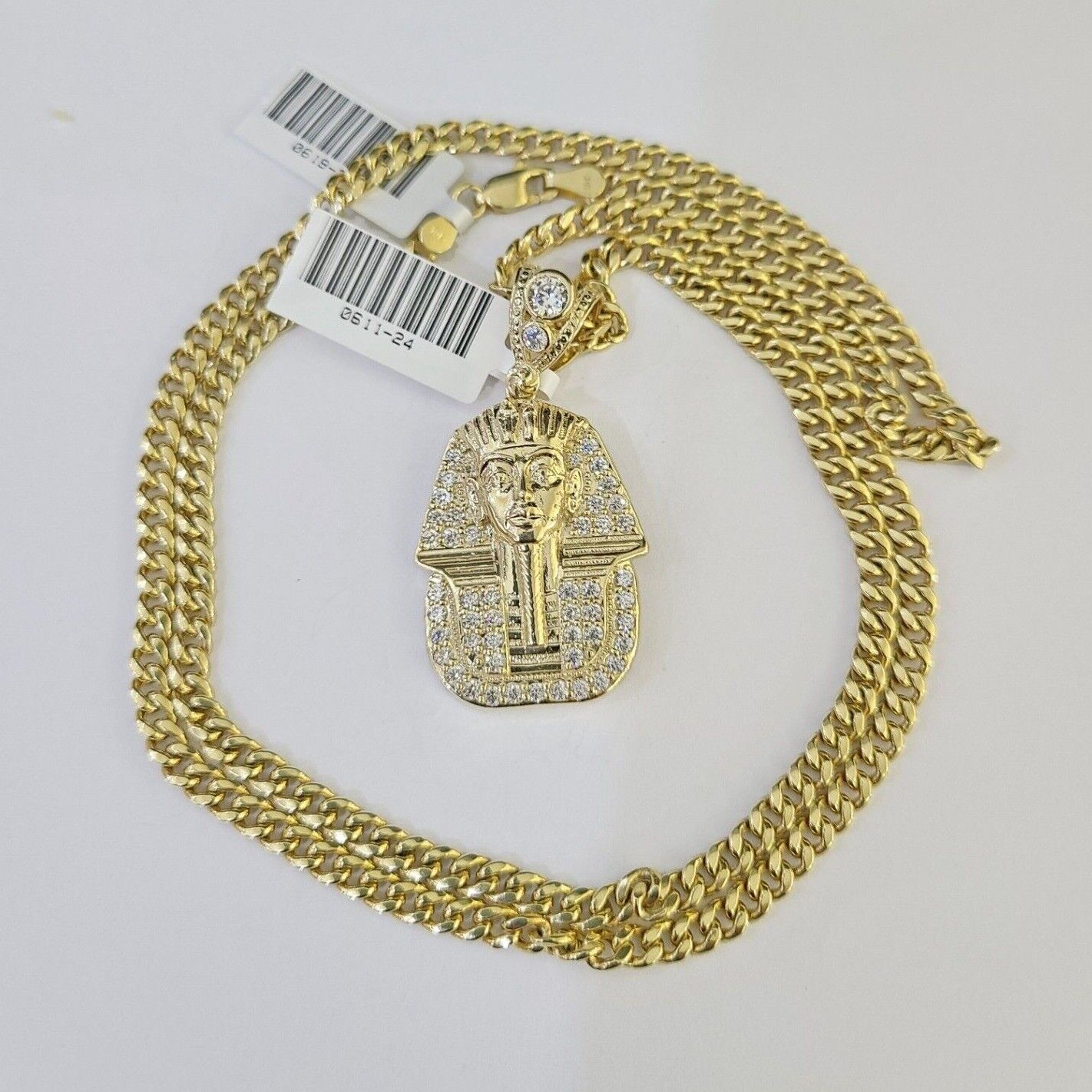 10k Miami Cuban Chain Pharaoh Charm Set 4mm 18" - 28" Necklace Pendant Gold - GoldenlinQ