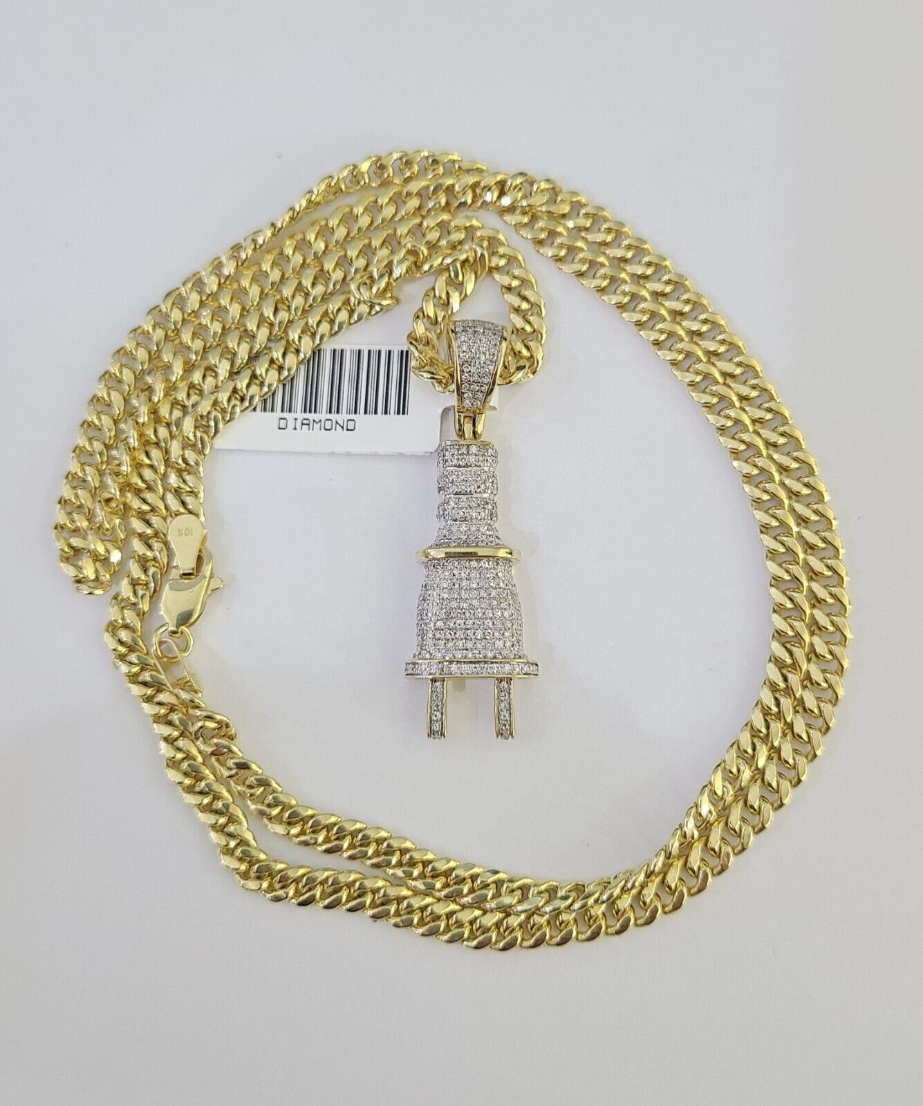 10k Miami Cuban Chain Plug Socket Charm Diamond Set 4.5mm 20" - 28" Necklace Gold - GoldenlinQ