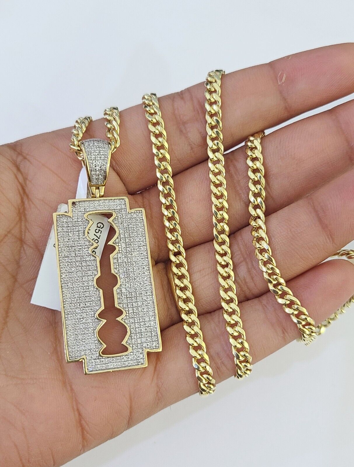 10k Miami Cuban Chain Razor Blade Charm Diamond Set 4.5mm 20" - 28" Necklace Gold - GoldenlinQ