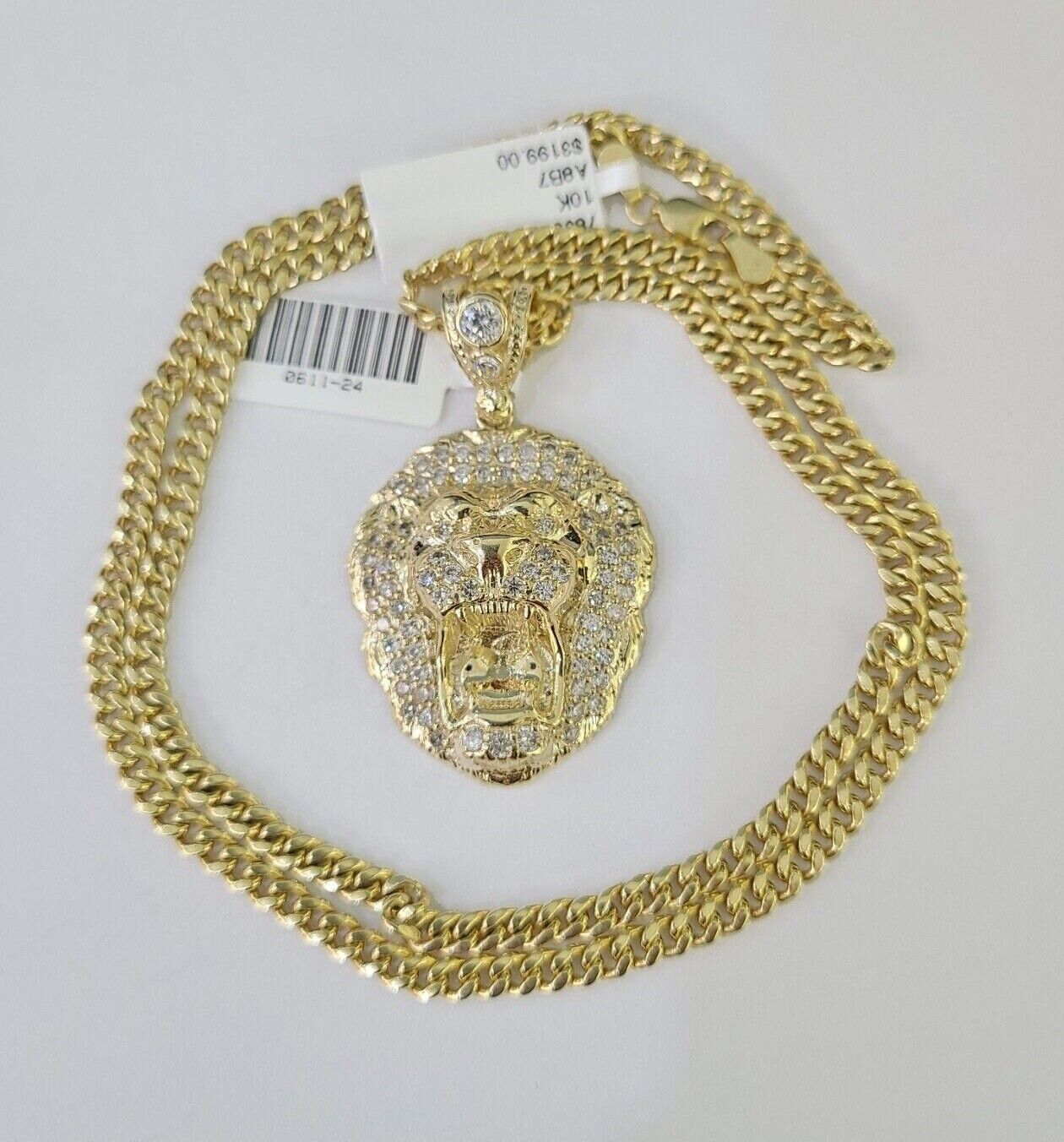 10k Miami Cuban Chain Roaring Lion Charm Set 4mm 18" - 28" Necklace Pendant Gold - GoldenlinQ